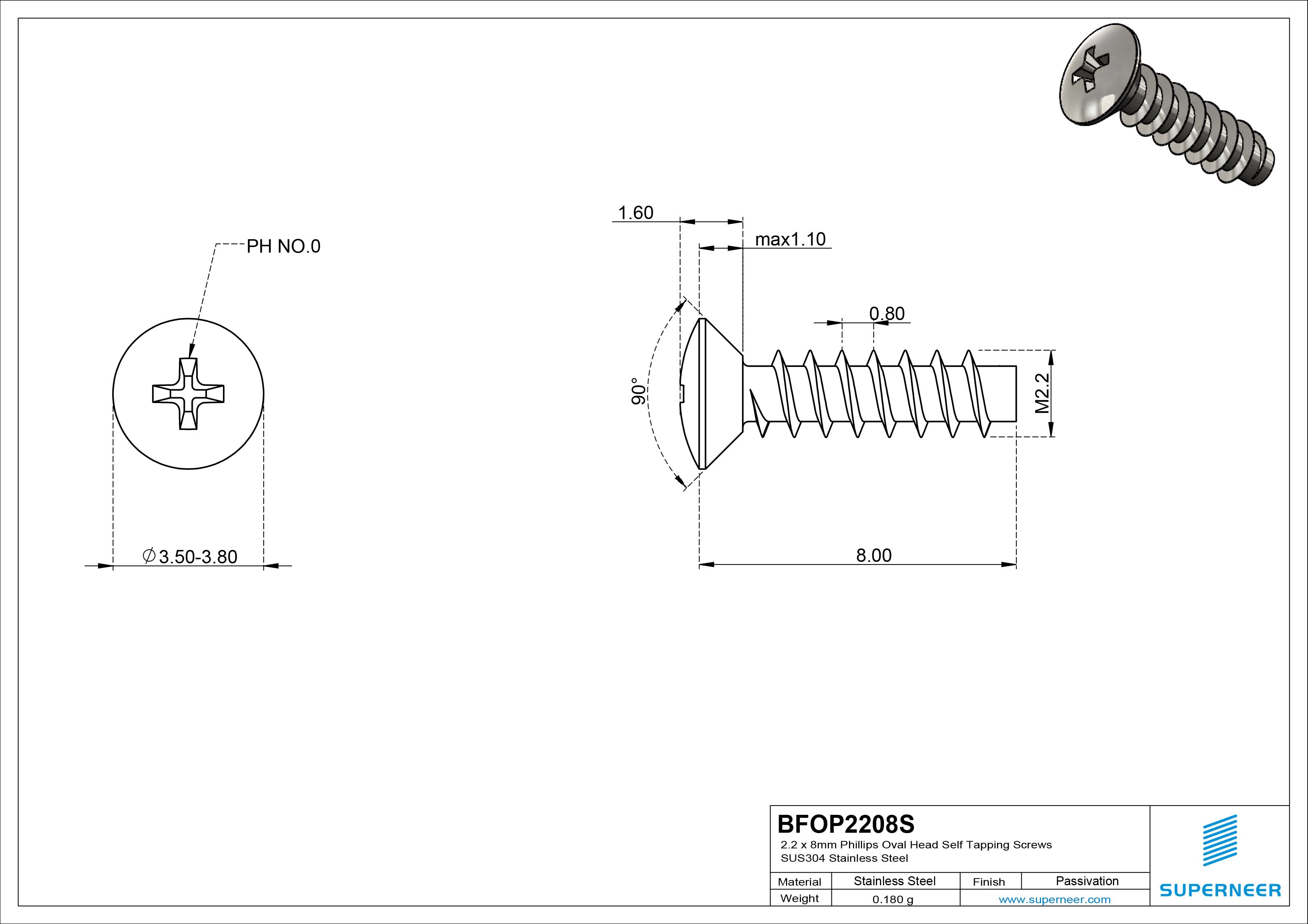 2.2 x 8mm Phillips Oval Head Self Tapping Screws SUS304 Stainless Steel Inox