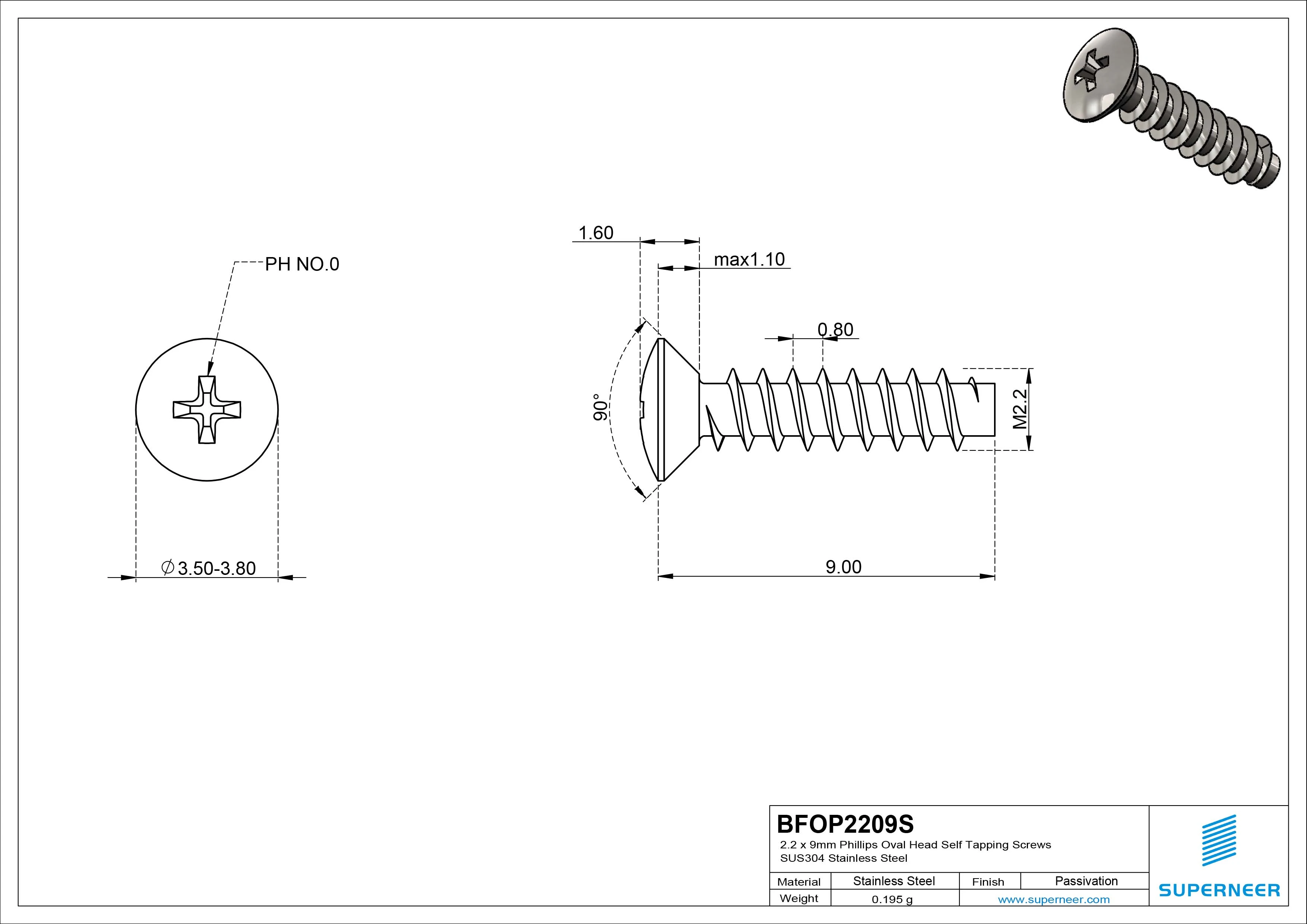 2.2 x 9mm Phillips Oval Head Self Tapping Screws SUS304 Stainless Steel Inox