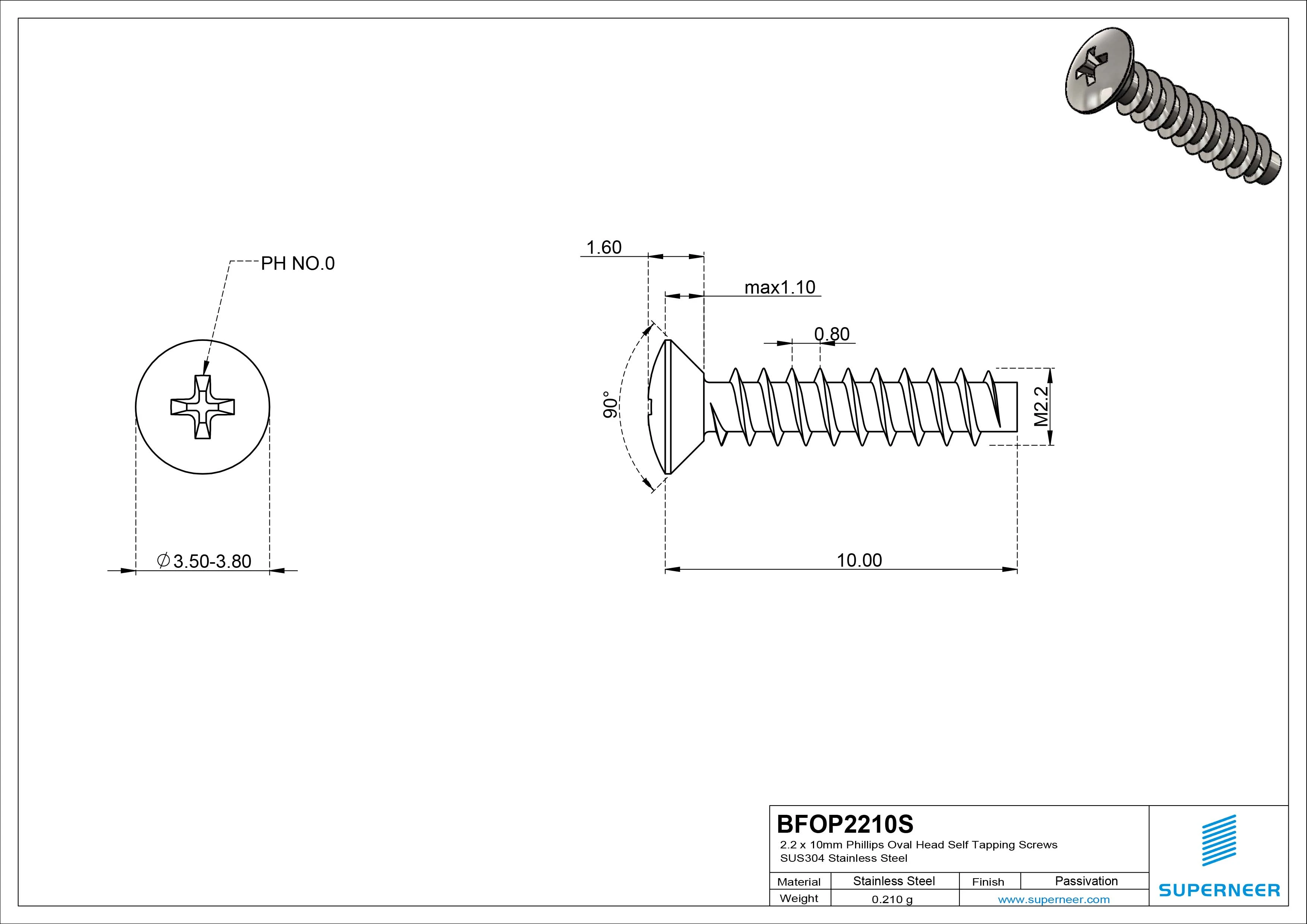 2.2 x 10mm Phillips Oval Head Self Tapping Screws SUS304 Stainless Steel Inox