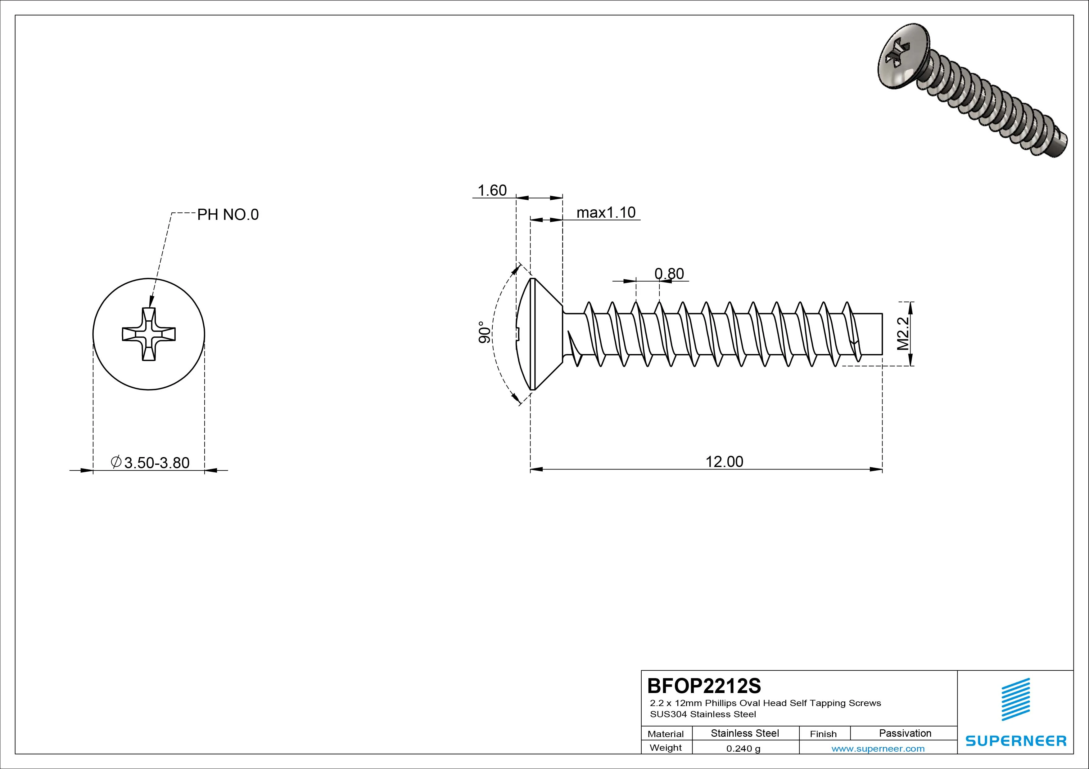 2.2 x 12mm Phillips Oval Head Self Tapping Screws SUS304 Stainless Steel Inox