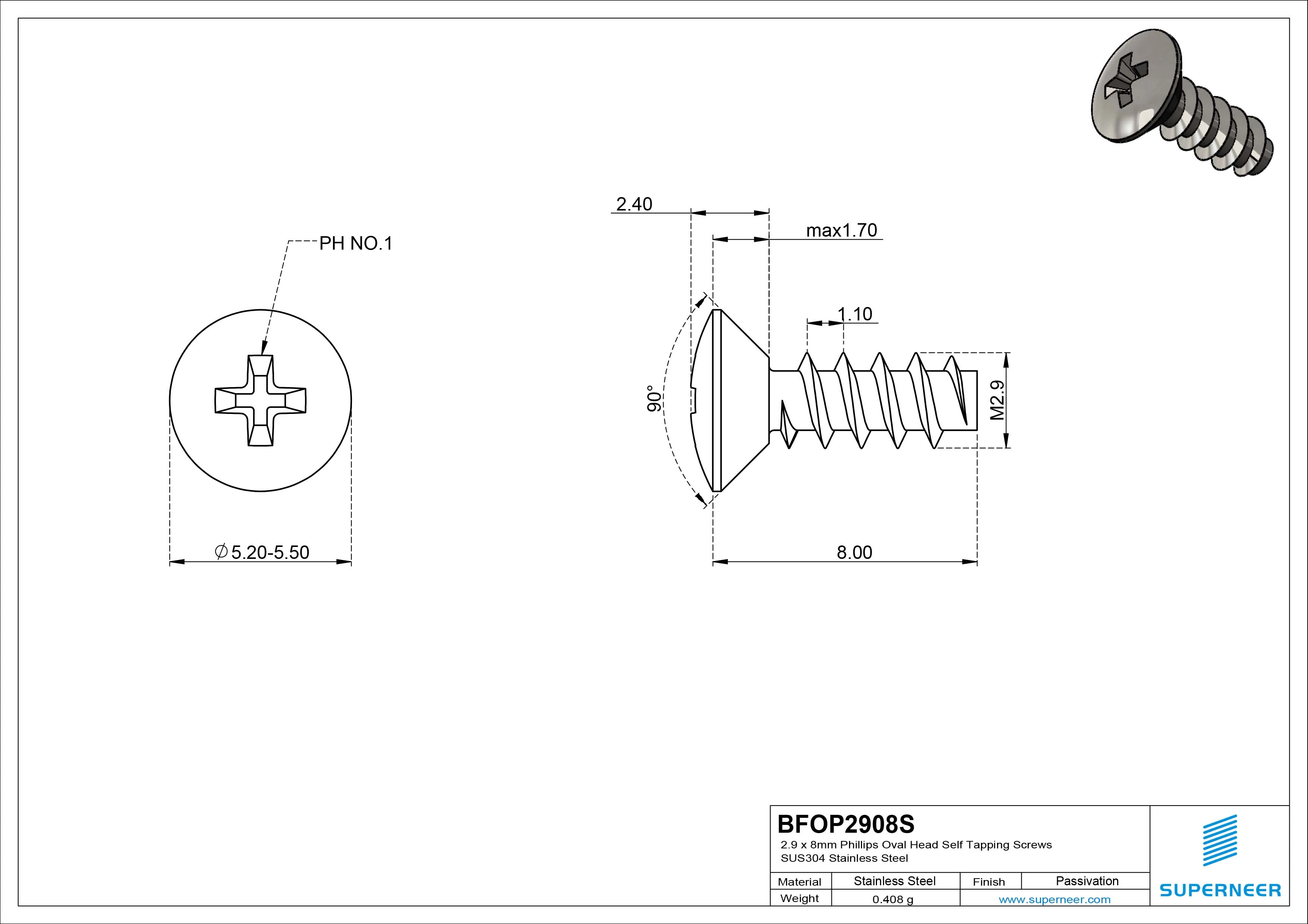 2.9 x 8mm Phillips Oval Head Self Tapping Screws SUS304 Stainless Steel Inox