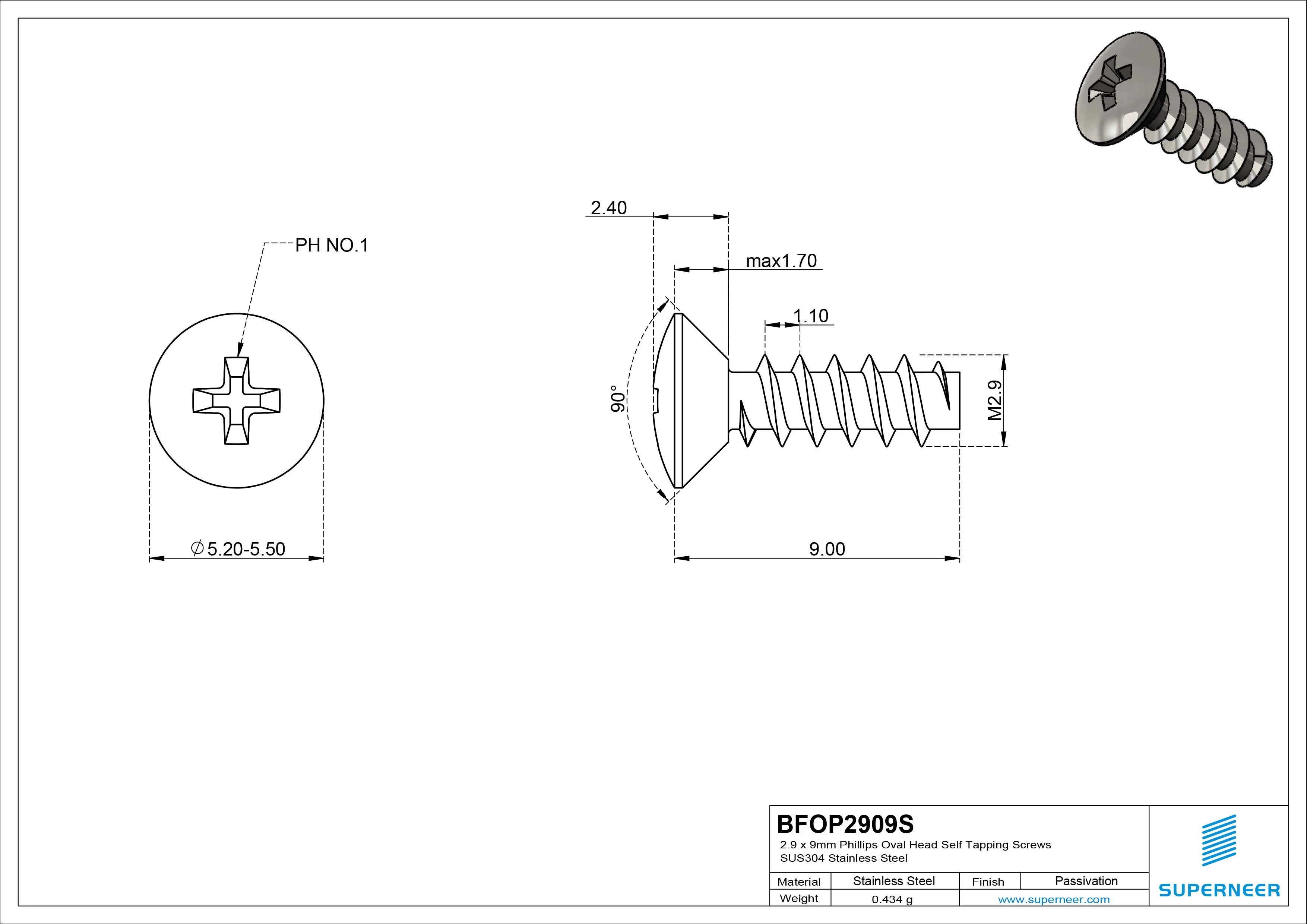 2.9 x 9mm Phillips Oval Head Self Tapping Screws SUS304 Stainless Steel Inox