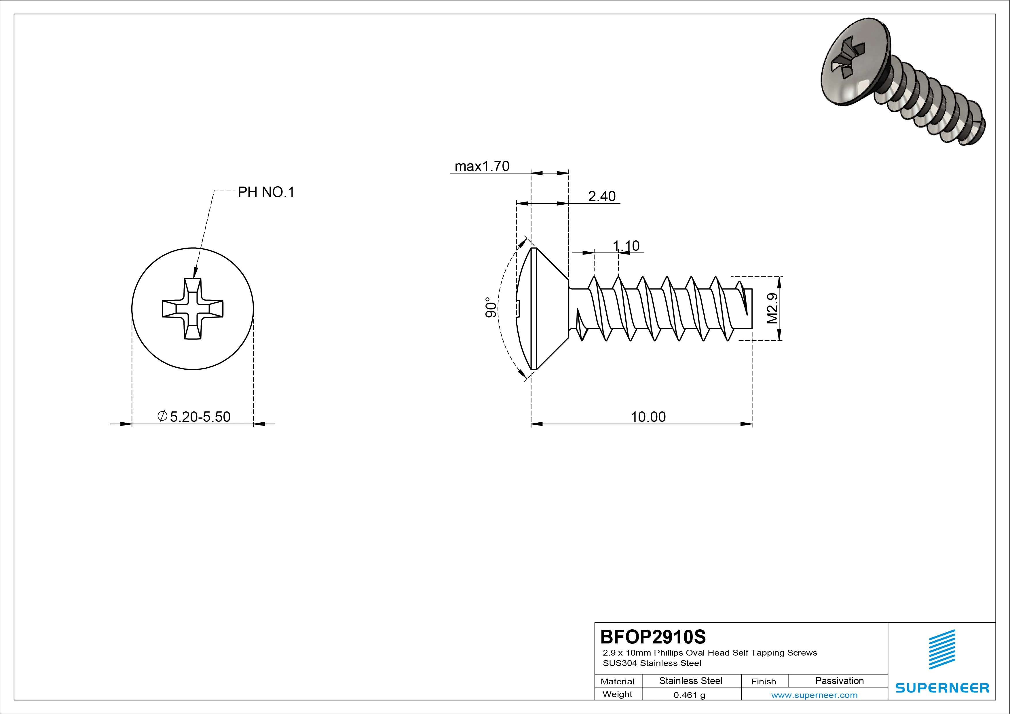 2.9 x 10mm Phillips Oval Head Self Tapping Screws SUS304 Stainless Steel Inox