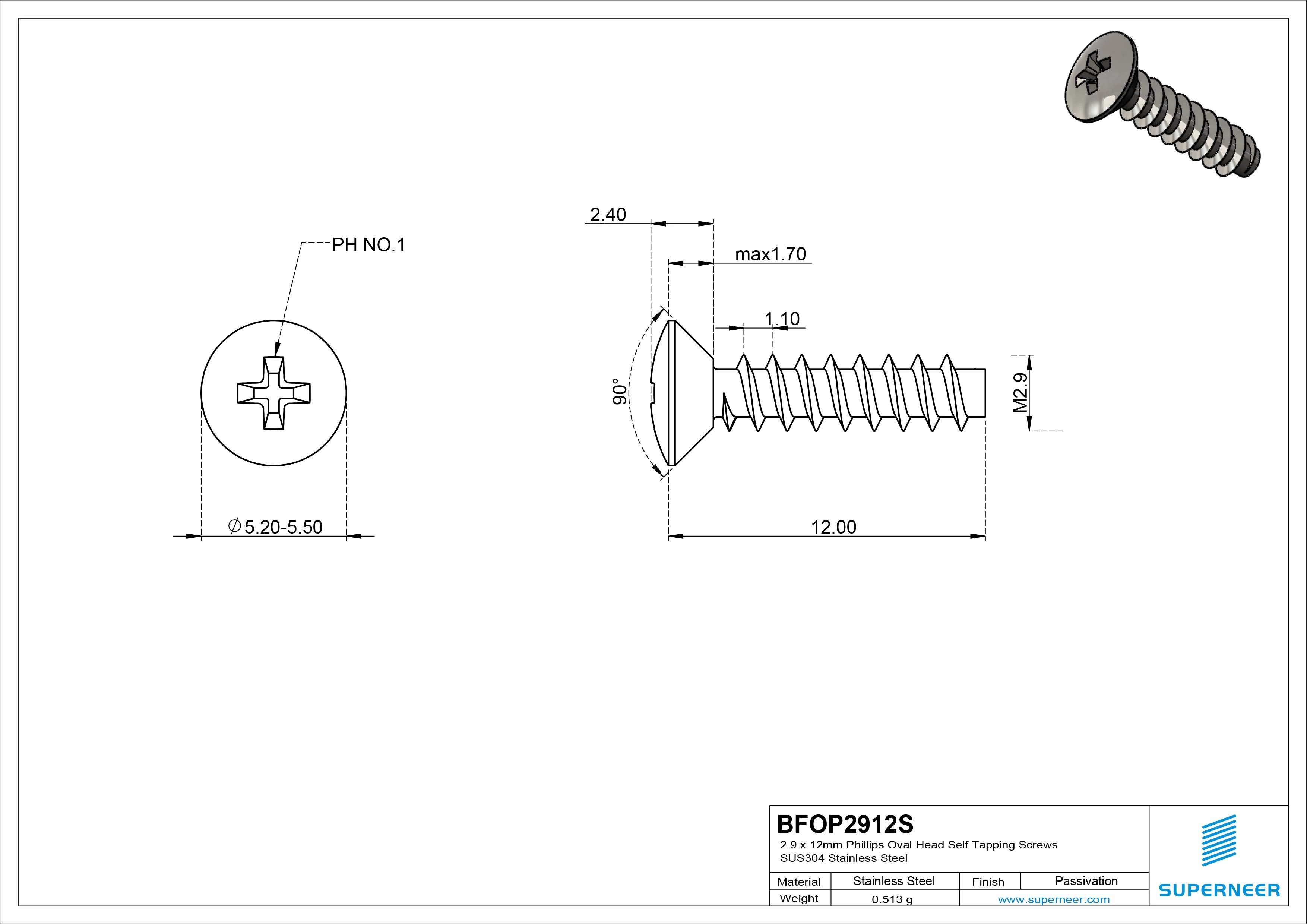 2.9 x 12mm Phillips Oval Head Self Tapping Screws SUS304 Stainless Steel Inox