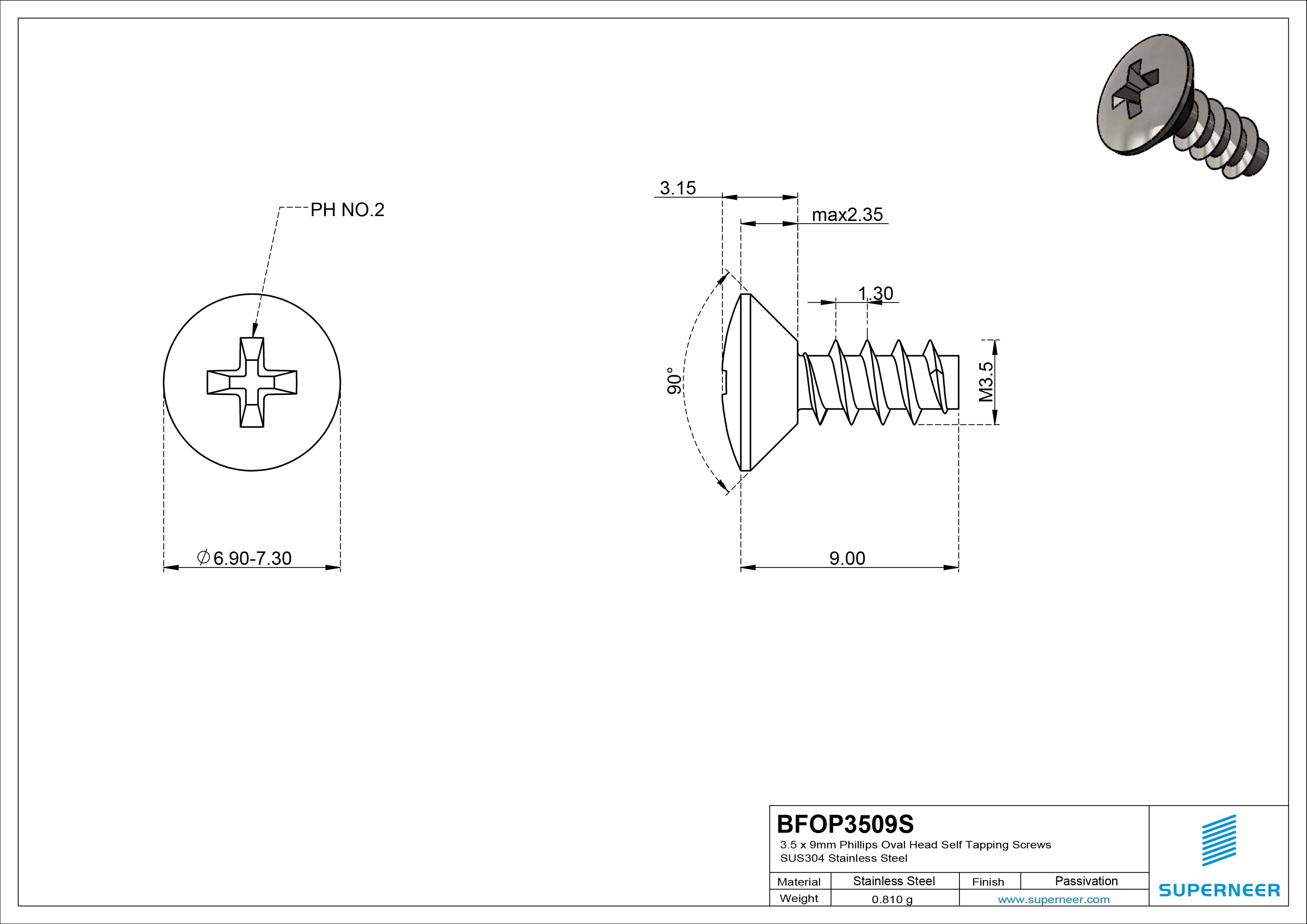 3.5 x 9mm Phillips Oval Head Self Tapping Screws SUS304 Stainless Steel Inox