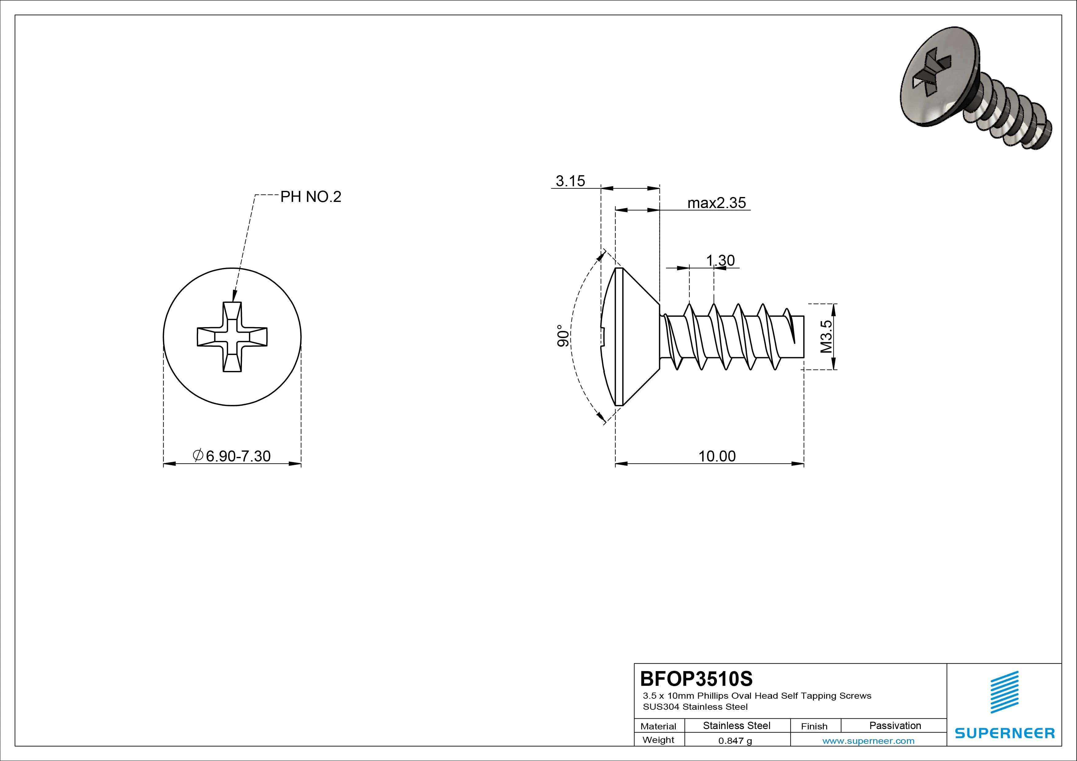 3.5 x 10mm Phillips Oval Head Self Tapping Screws SUS304 Stainless Steel Inox