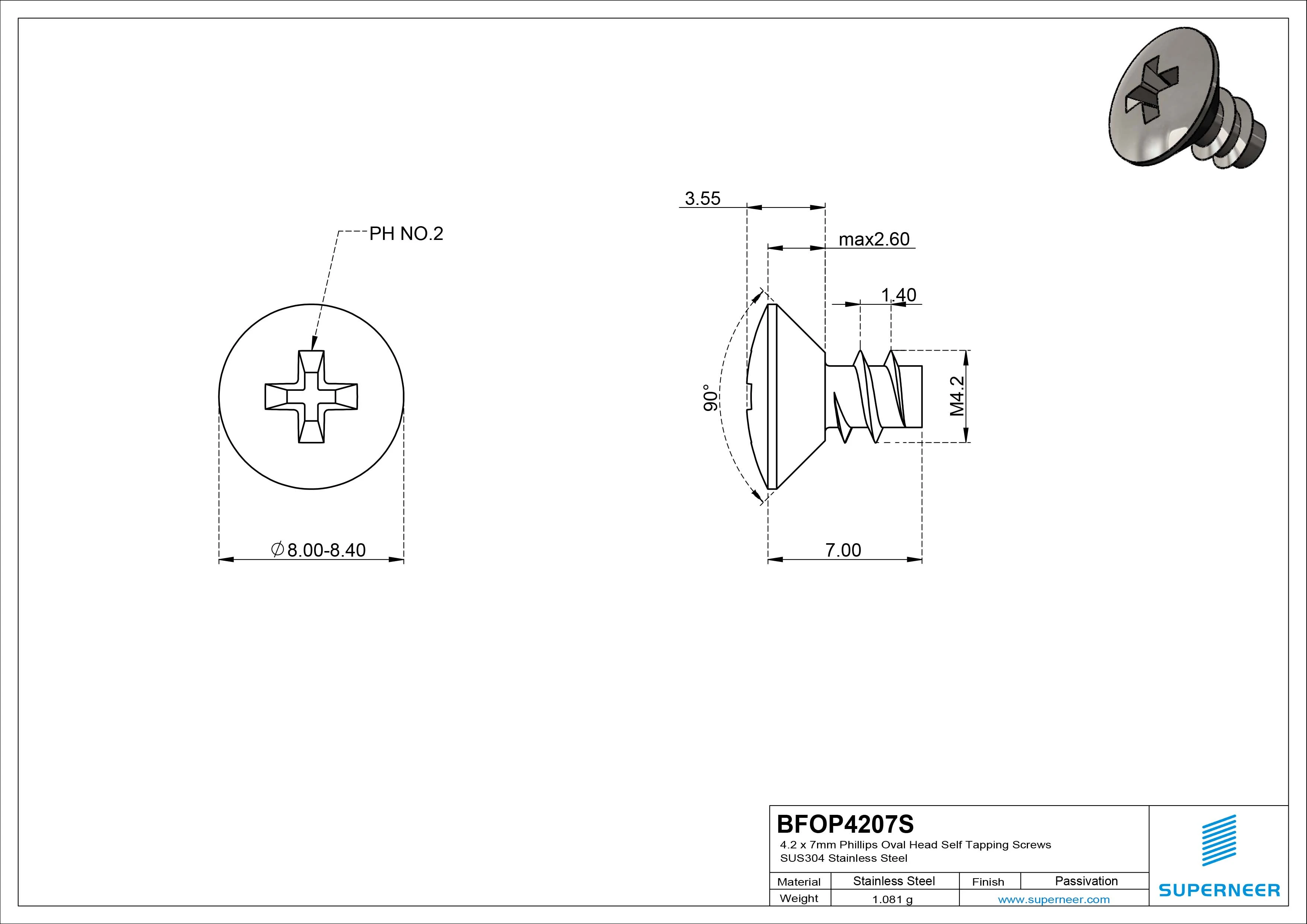 4.2 x 7mm Phillips Oval Head Self Tapping Screws SUS304 Stainless Steel Inox