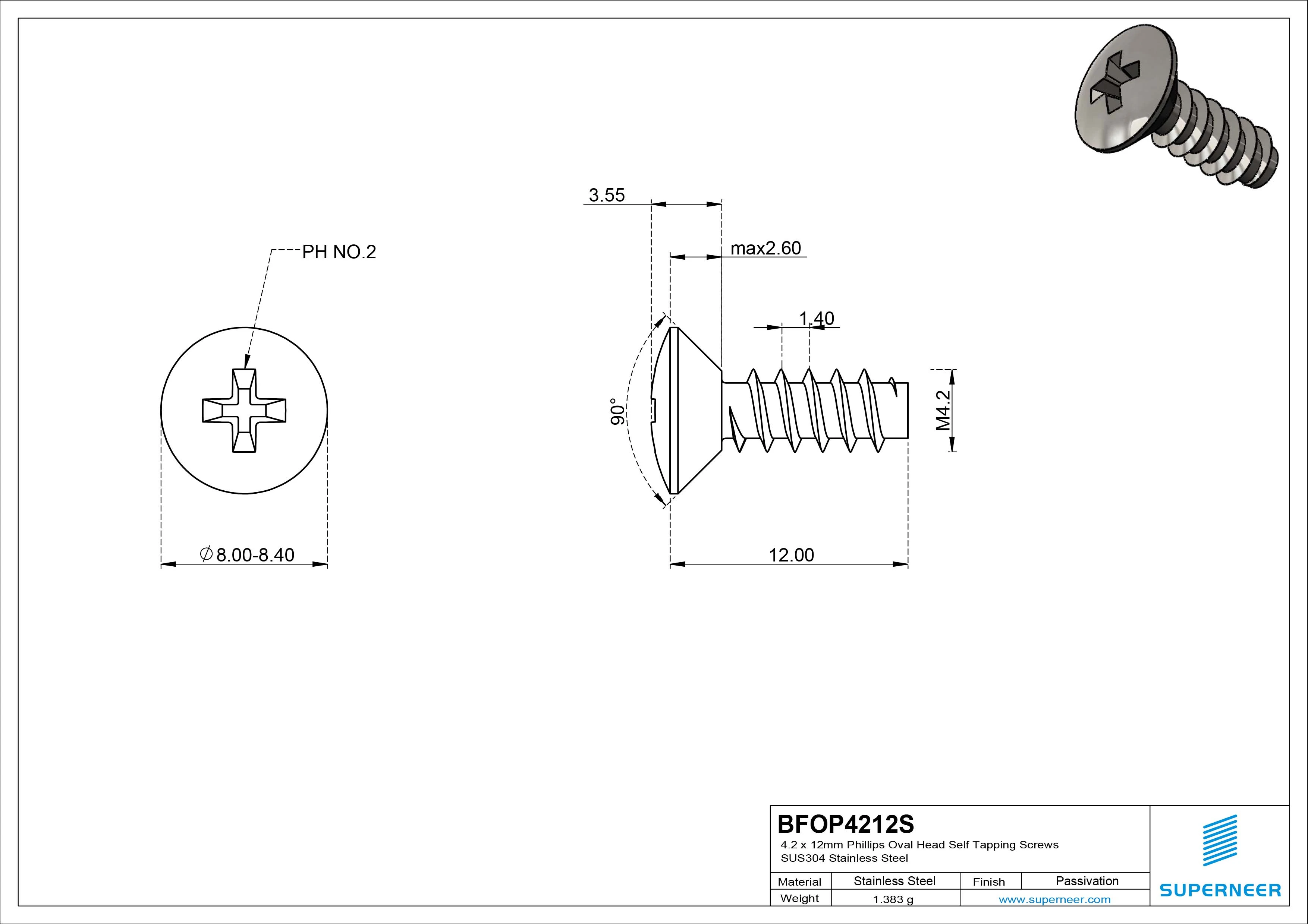 4.2 x 12mm Phillips Oval Head Self Tapping Screws SUS304 Stainless Steel Inox