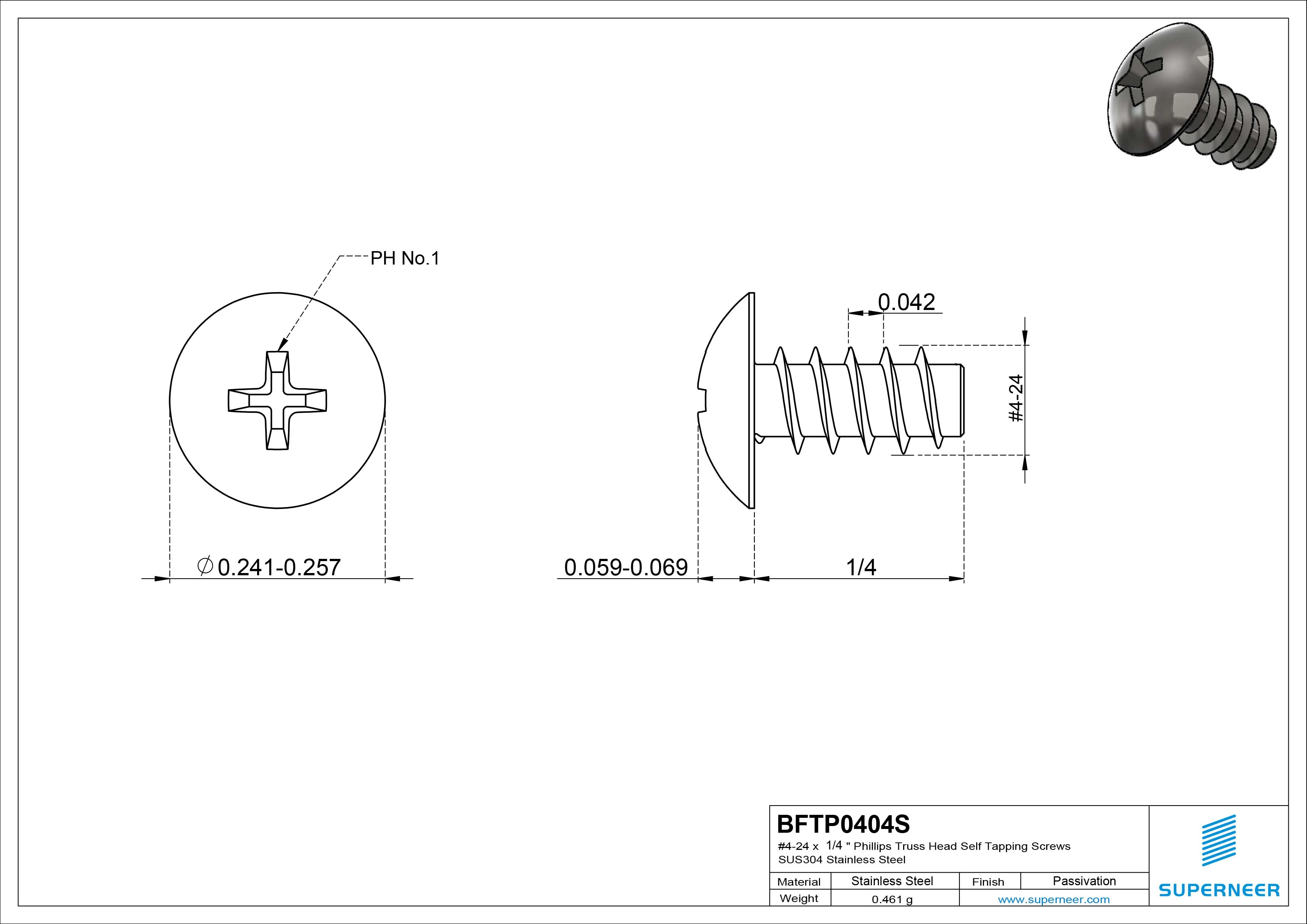 #4-24 x 1/4" Phillips Truss Head Self Tapping Screws SUS304 Stainless Steel