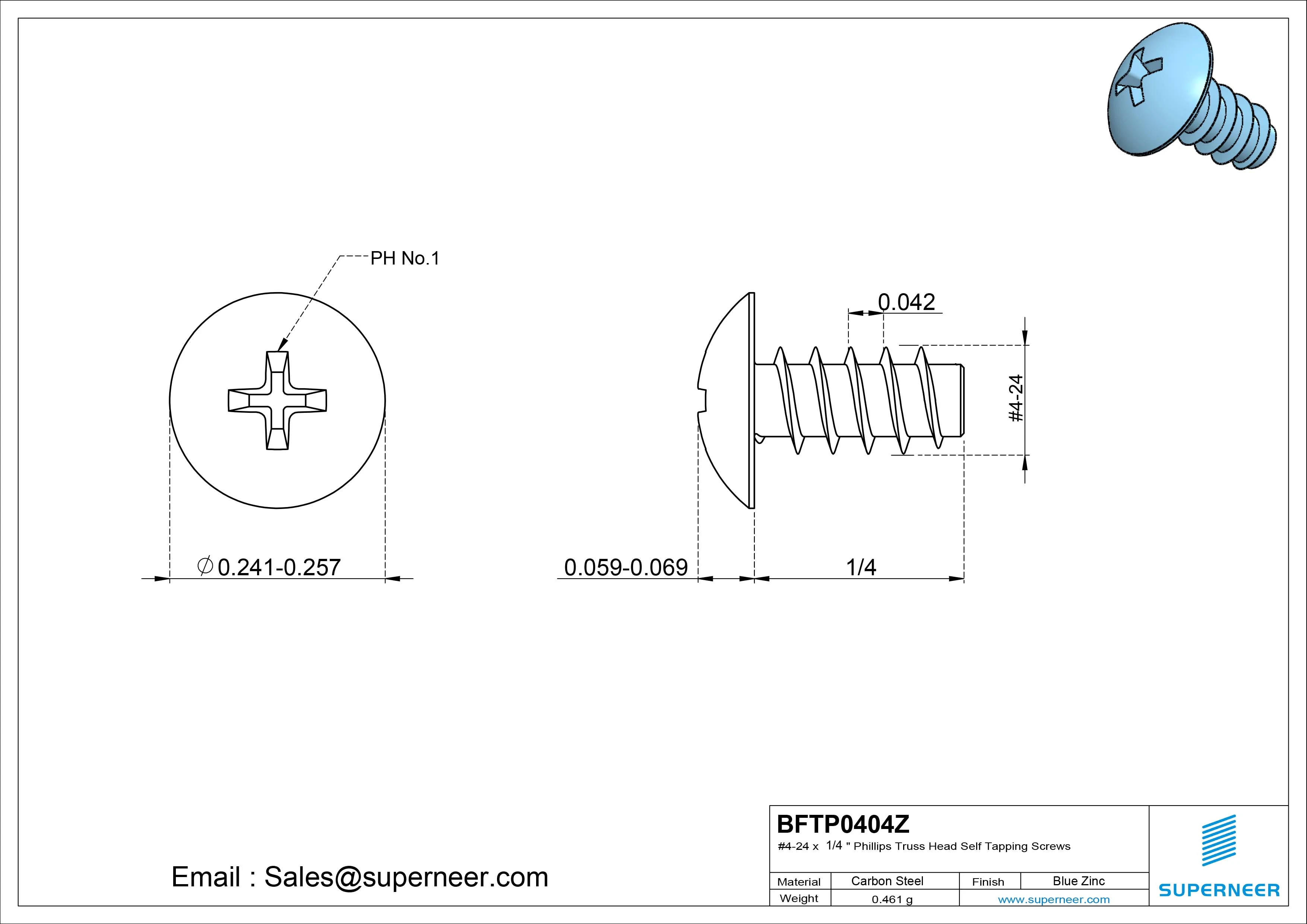 #4-24 x 1/4" Phillips Truss Head Self Tapping Screws Steel Blue Zinc Plated