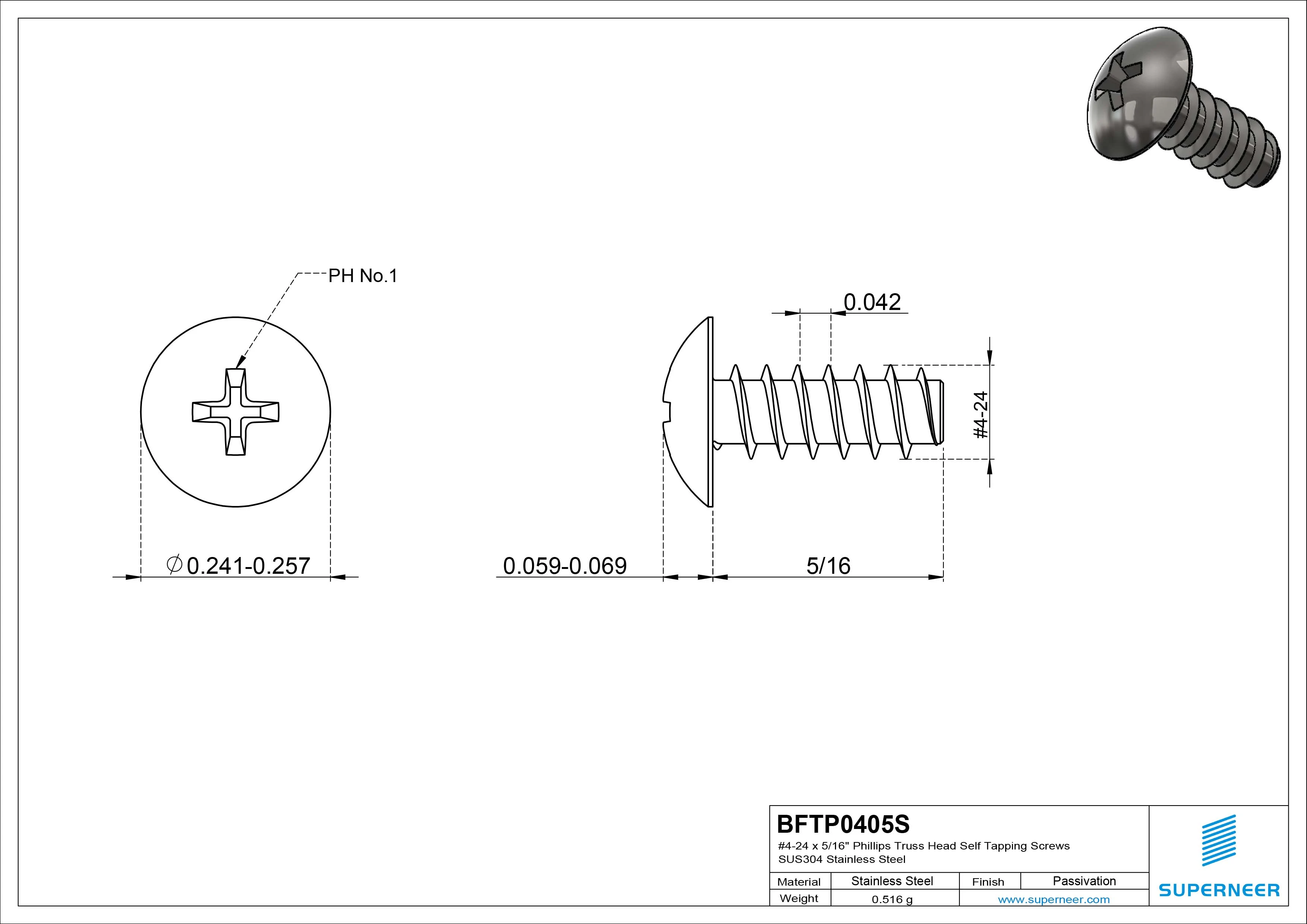 #4-24 x 5/16" Phillips Truss Head Self Tapping Screws SUS304 Stainless Steel