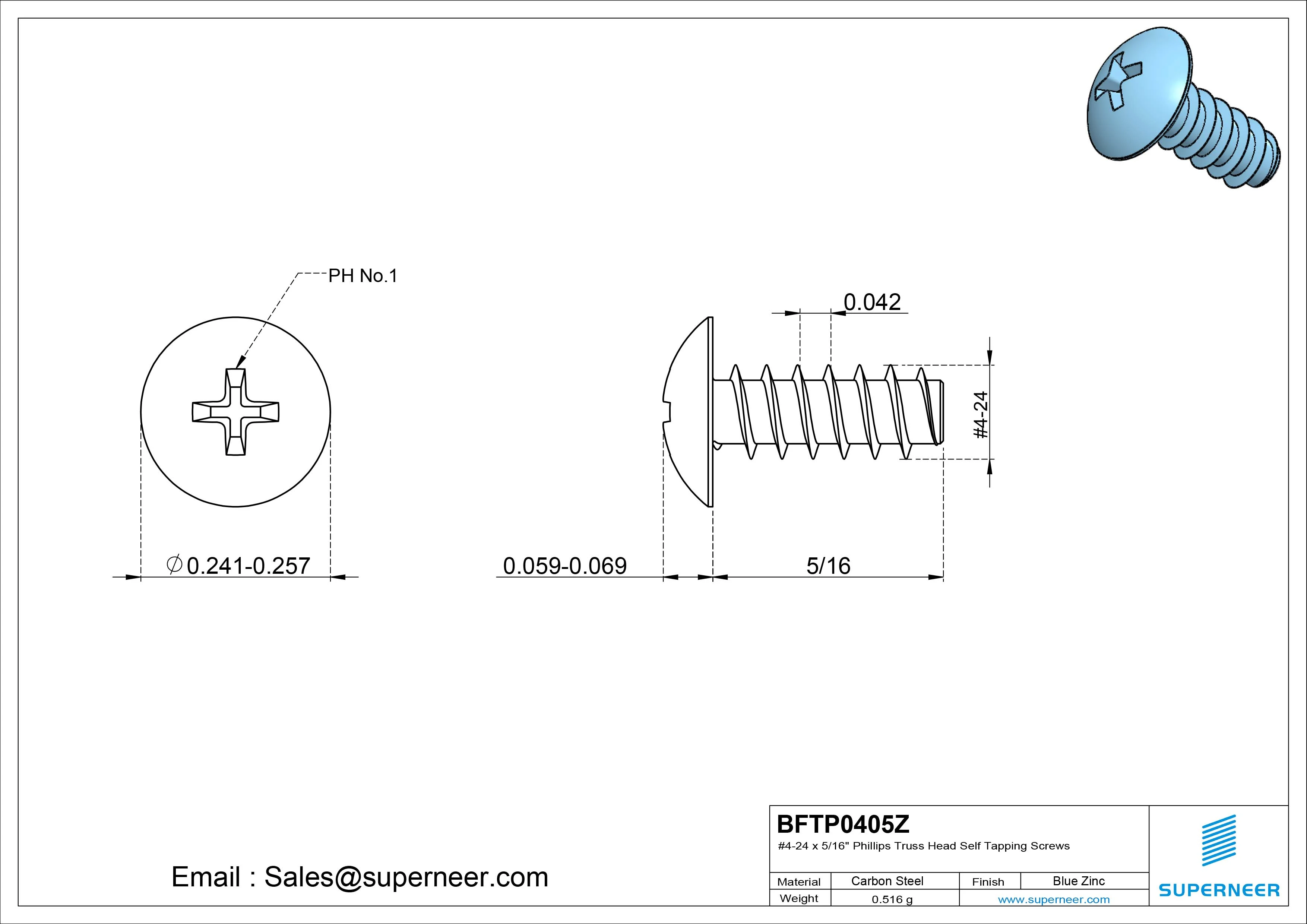 #4-24 x 5/16" Phillips Truss Head Self Tapping Screws Steel Blue Zinc Plated