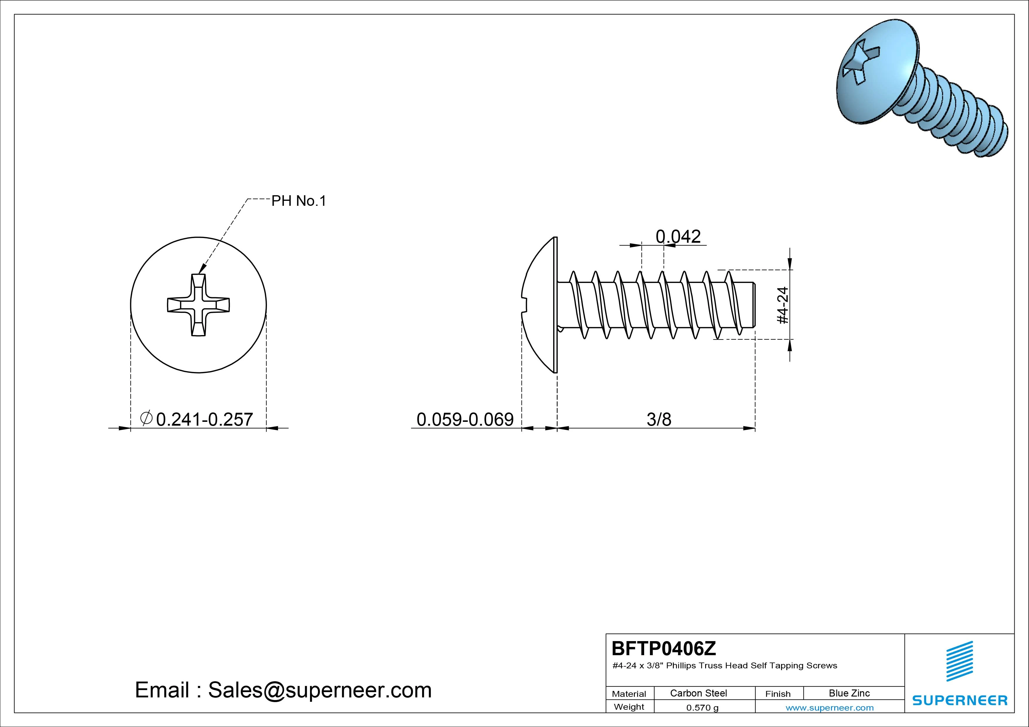 #4-24 x 3/8" Phillips Truss Head Self Tapping Screws Steel Blue Zinc Plated