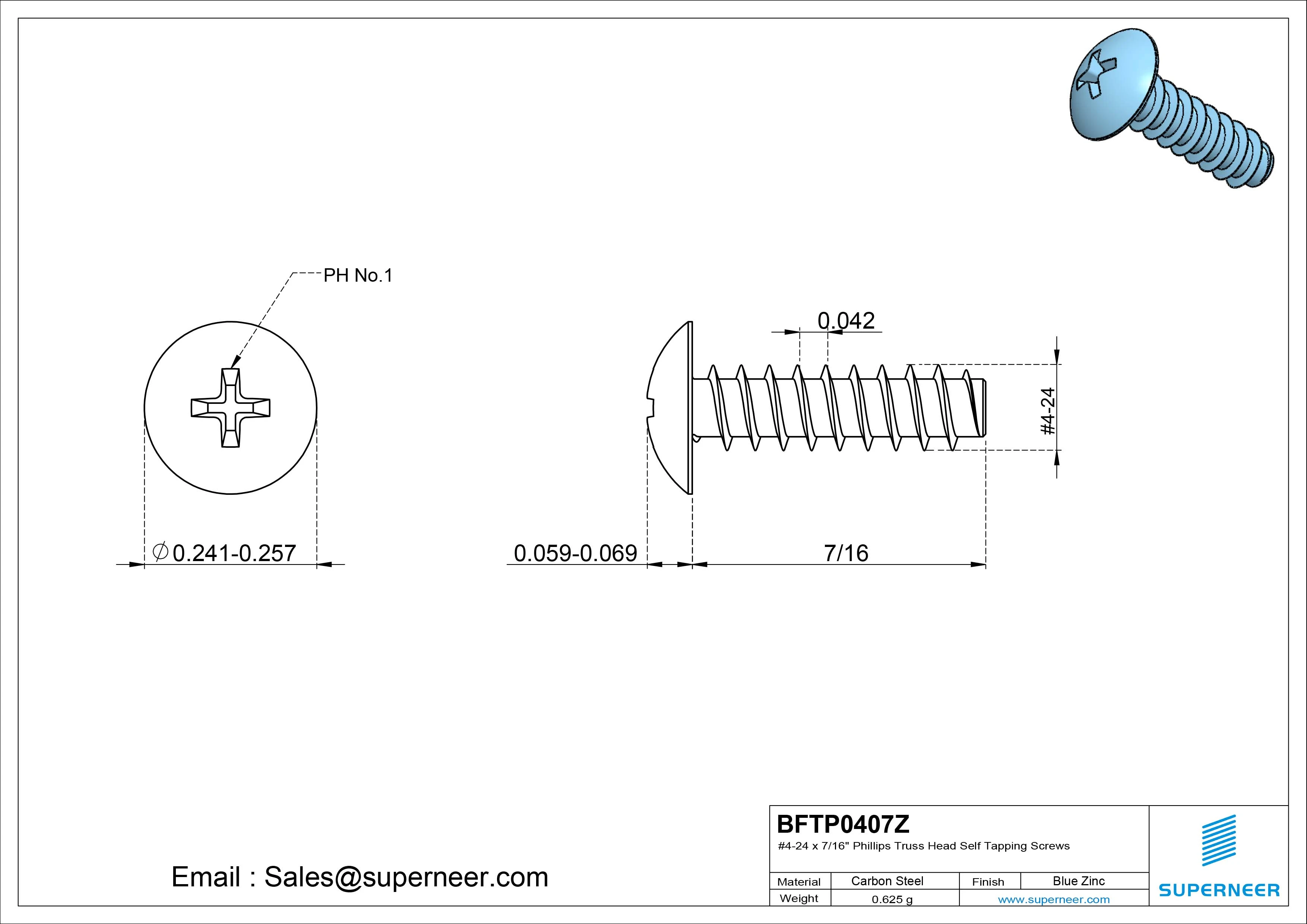 #4-24 x 7/16" Phillips Truss Head Self Tapping Screws Steel Blue Zinc Plated