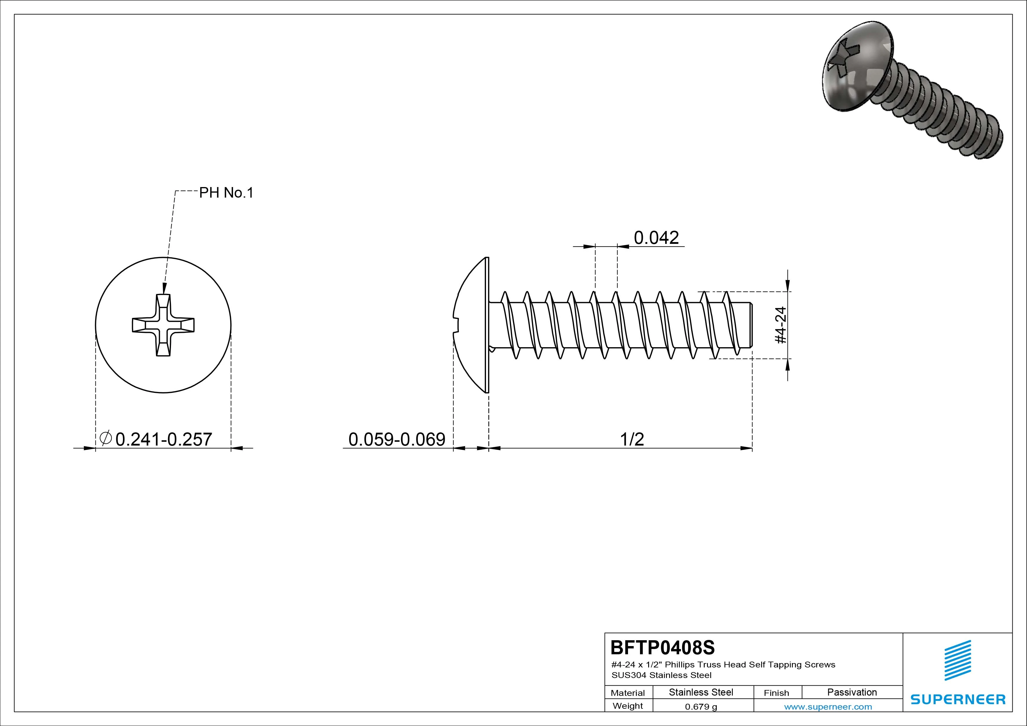 #4-24 x 1/2" Phillips Truss Head Self Tapping Screws SUS304 Stainless Steel