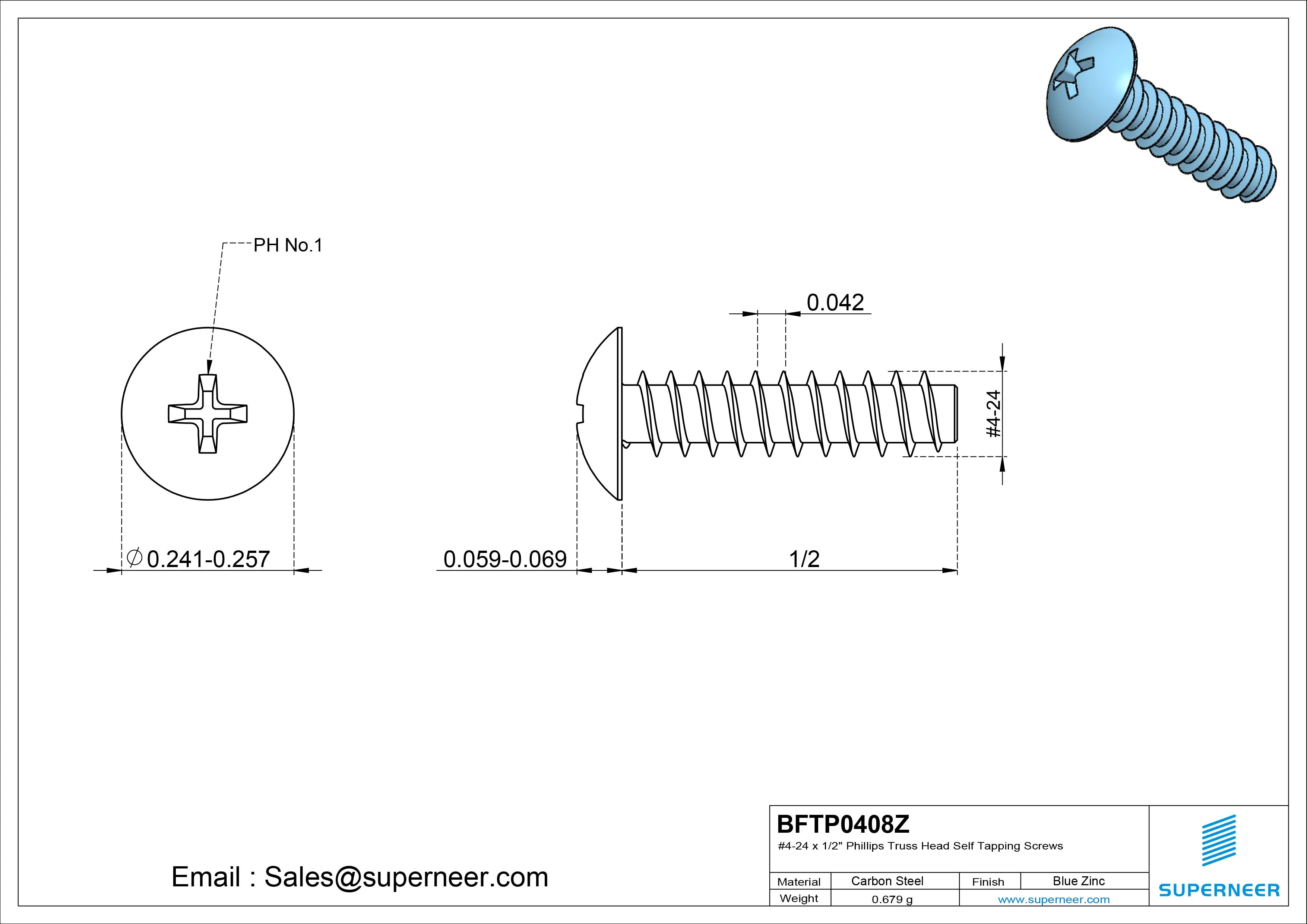 #4-24 x 1/2" Phillips Truss Head Self Tapping Screws Steel Blue Zinc Plated