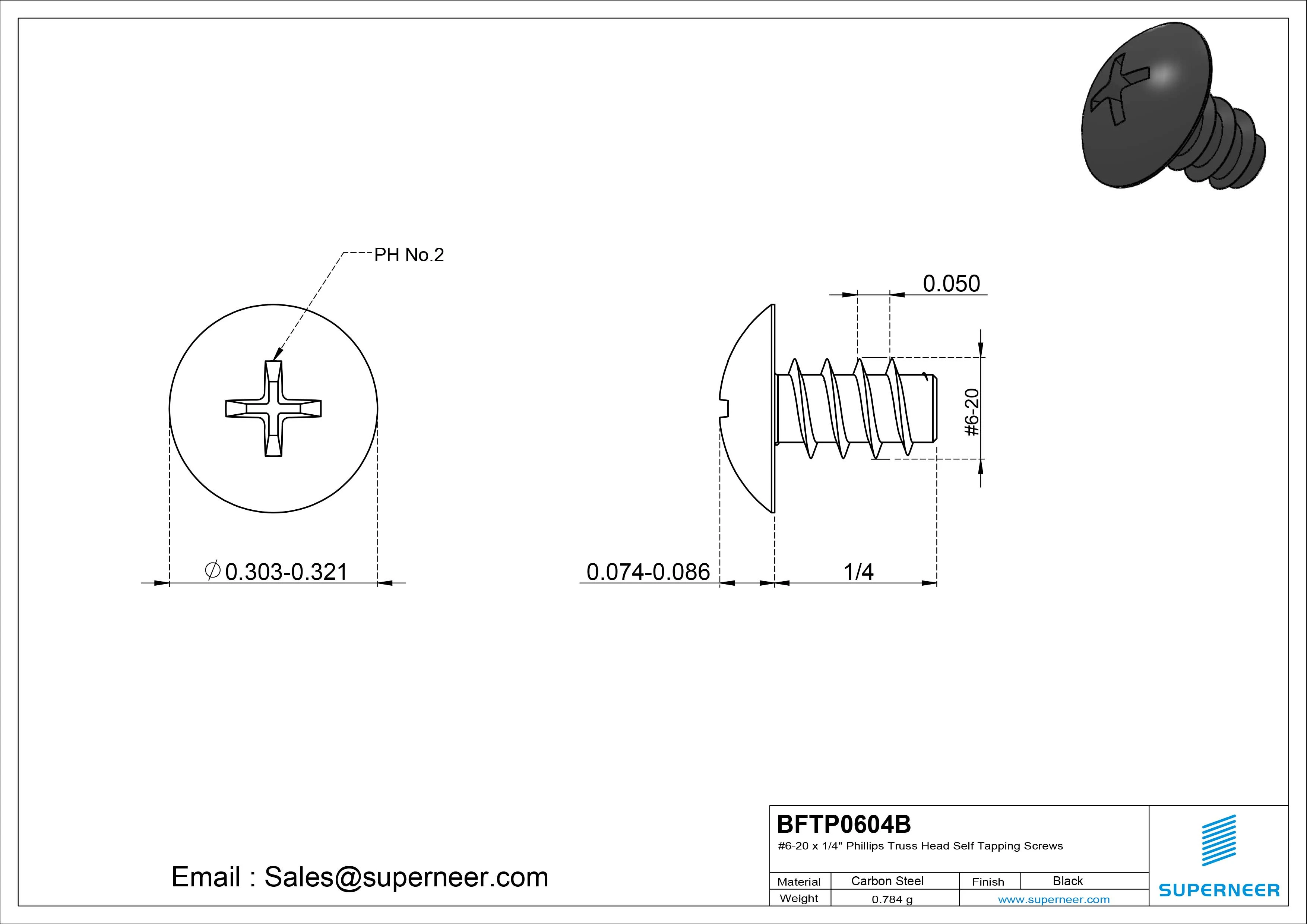 #6-20 x 1/4" Phillips Truss Head Self Tapping Screws Steel Black Zinc Plated