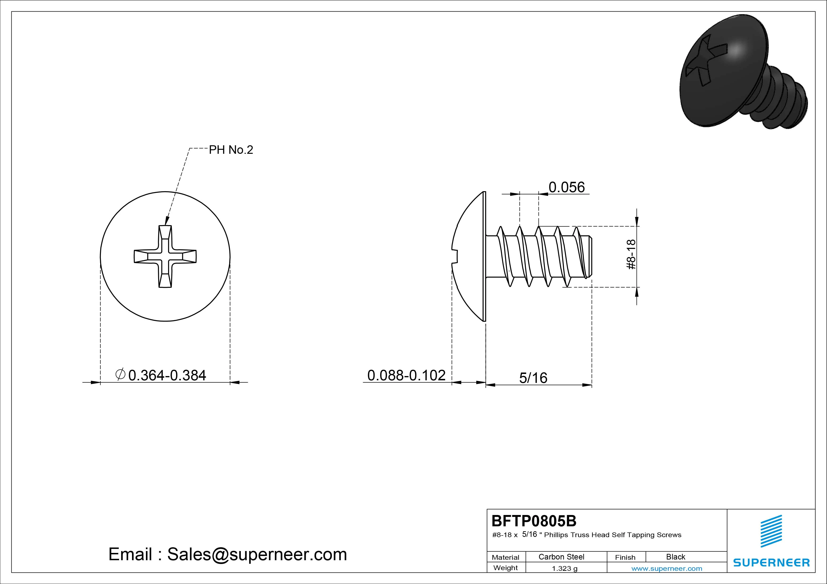 #8-18 x 5/16" Phillips Truss Head Self Tapping Screws Steel Black Zinc Plated