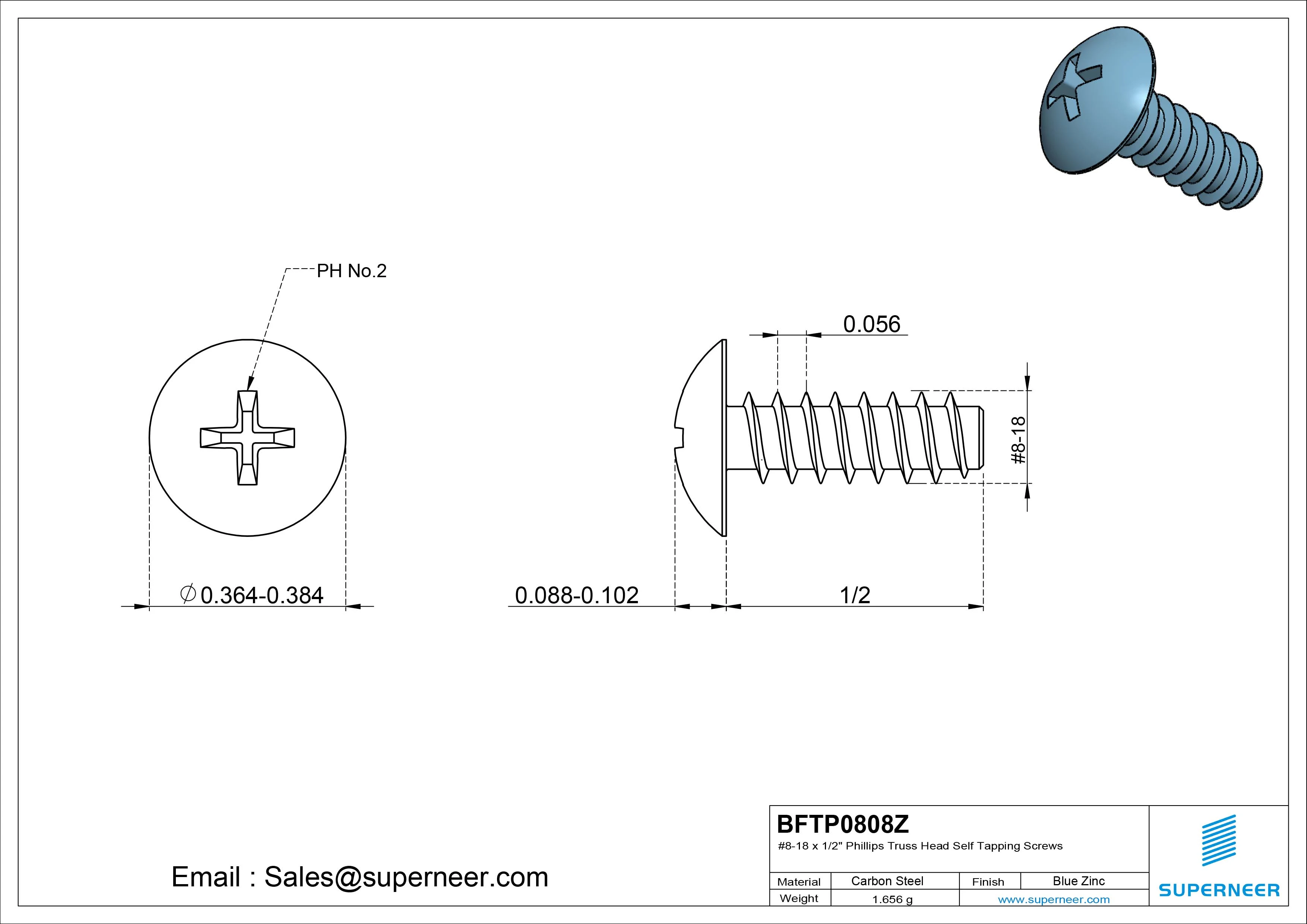 #8-18 x 1/2" Phillips Truss Head Self Tapping Screws Steel Blue Zinc Plated