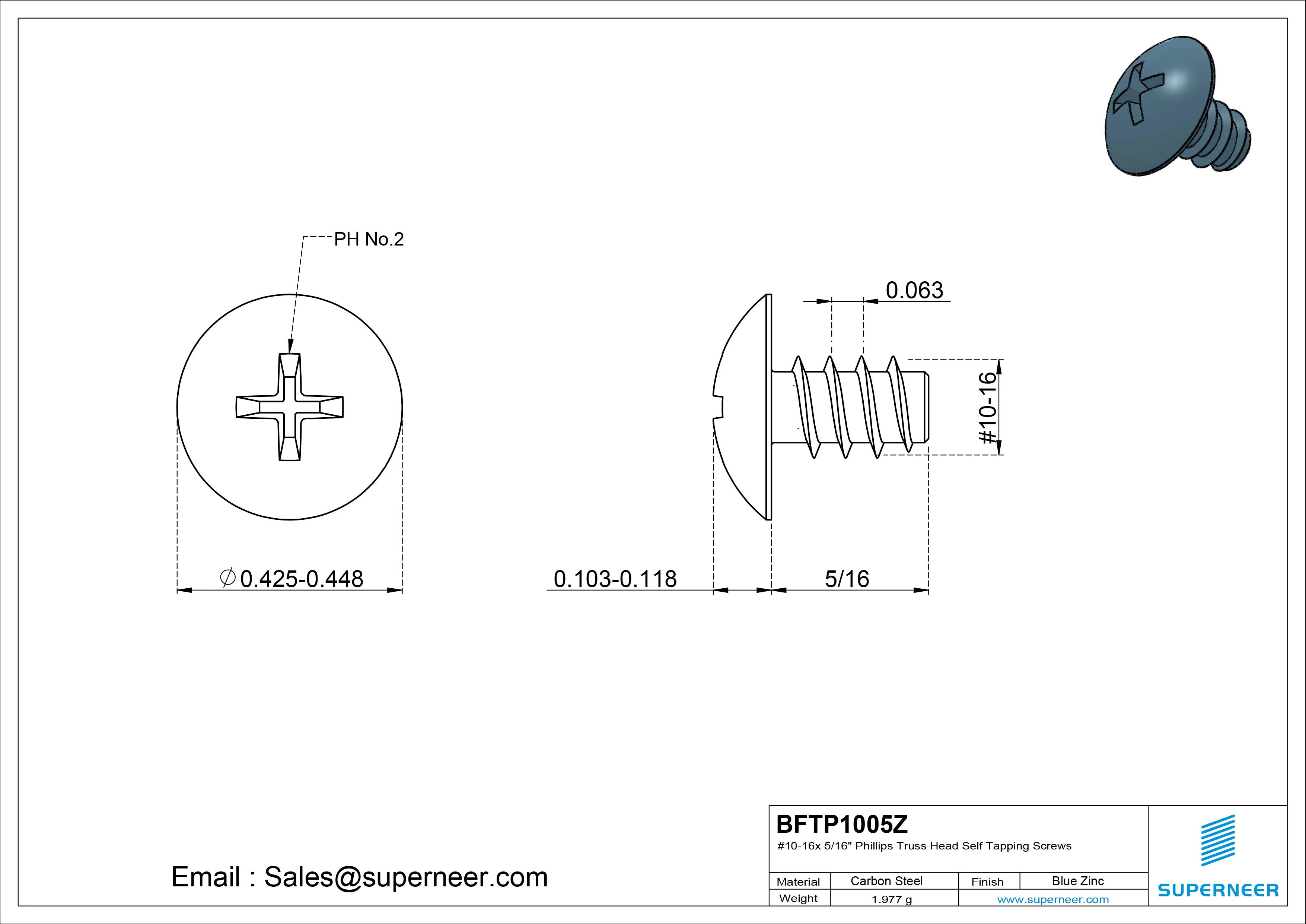 #10-16 x 5/16" Phillips Truss Head Self Tapping Screws Steel Blue Zinc Plated