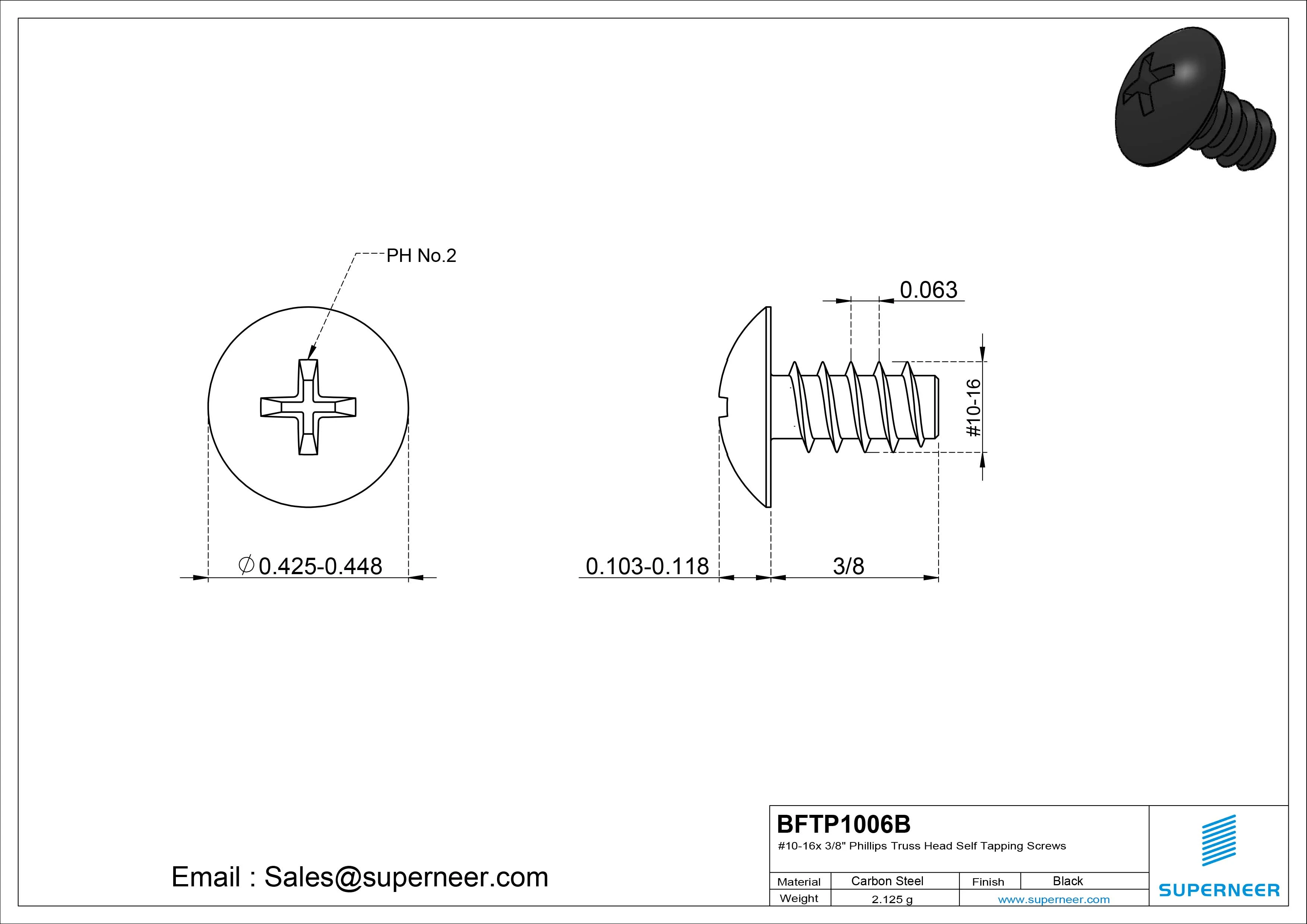 #10-16 x 3/8" Phillips Truss Head Self Tapping Screws Steel Black Zinc Plated