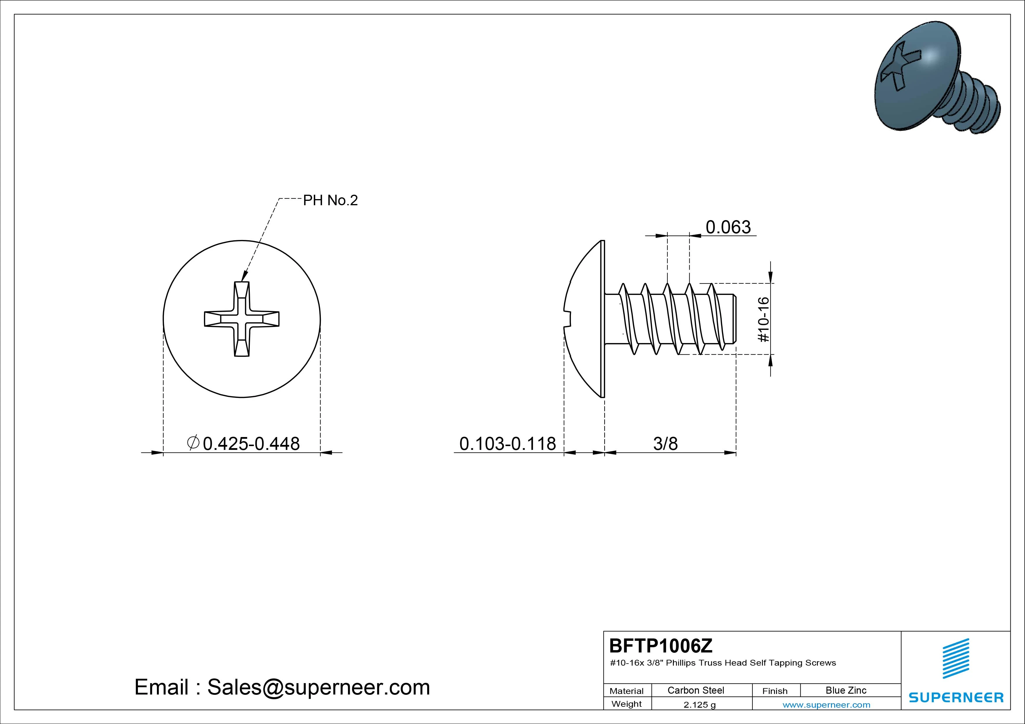 #10-16 x 3/8" Phillips Truss Head Self Tapping Screws Steel Blue Zinc Plated