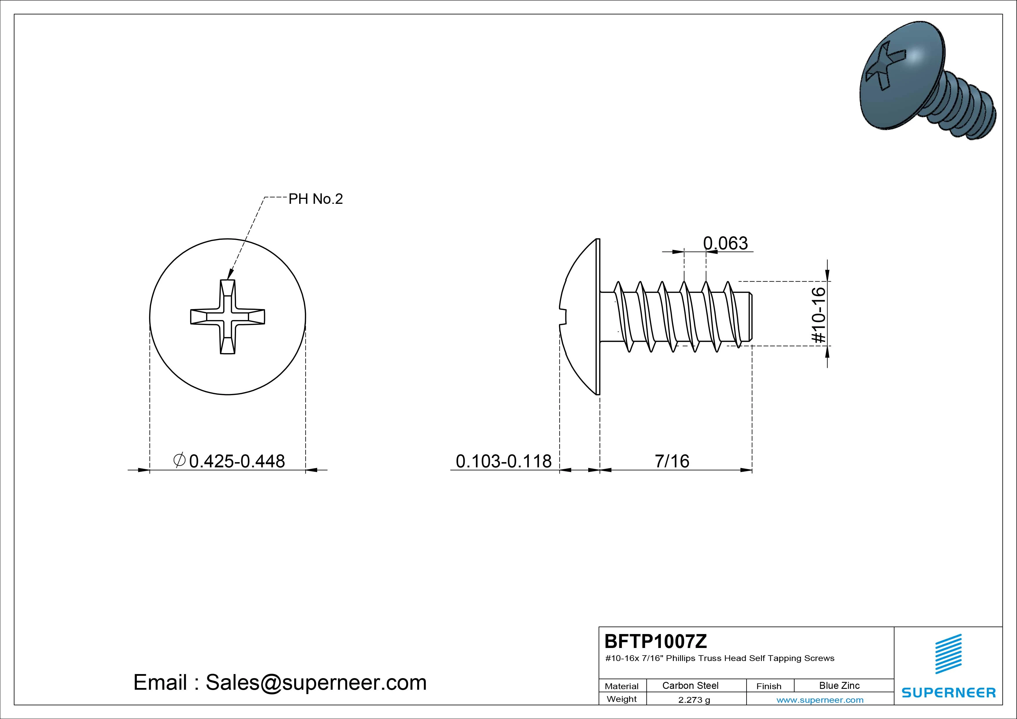 #10-16 x 7/16" Phillips Truss Head Self Tapping Screws Steel Blue Zinc Plated