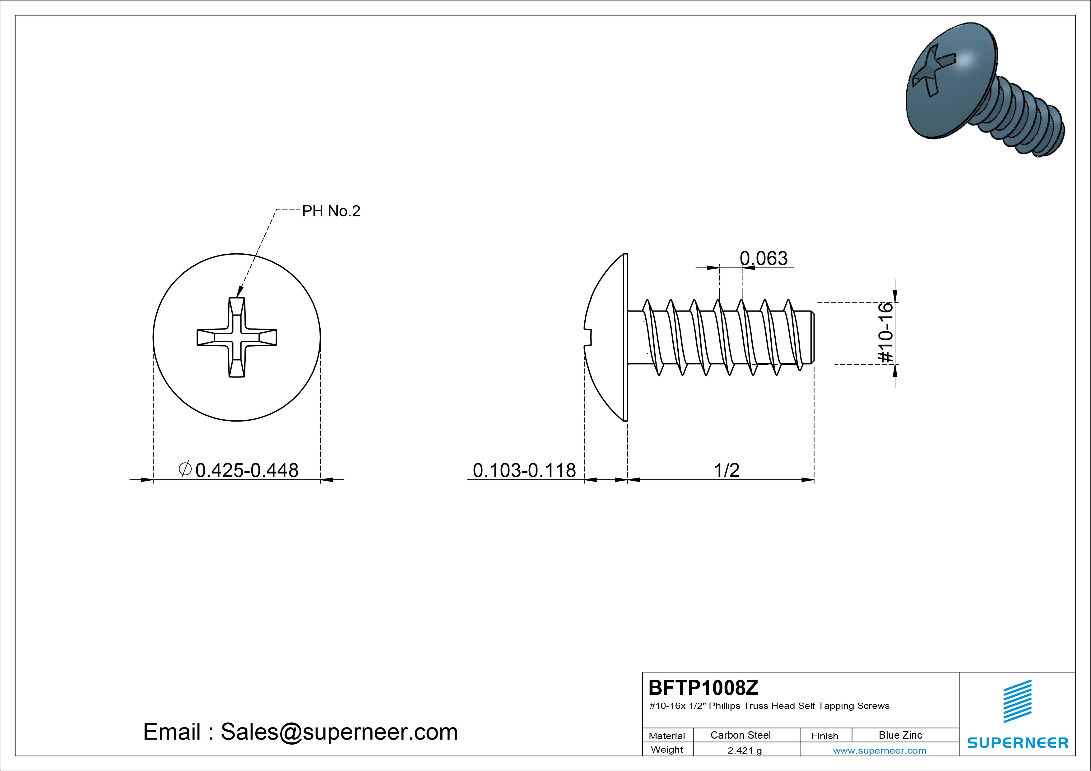 #10-16 x 1/2" Phillips Truss Head Self Tapping Screws Steel Blue Zinc Plated