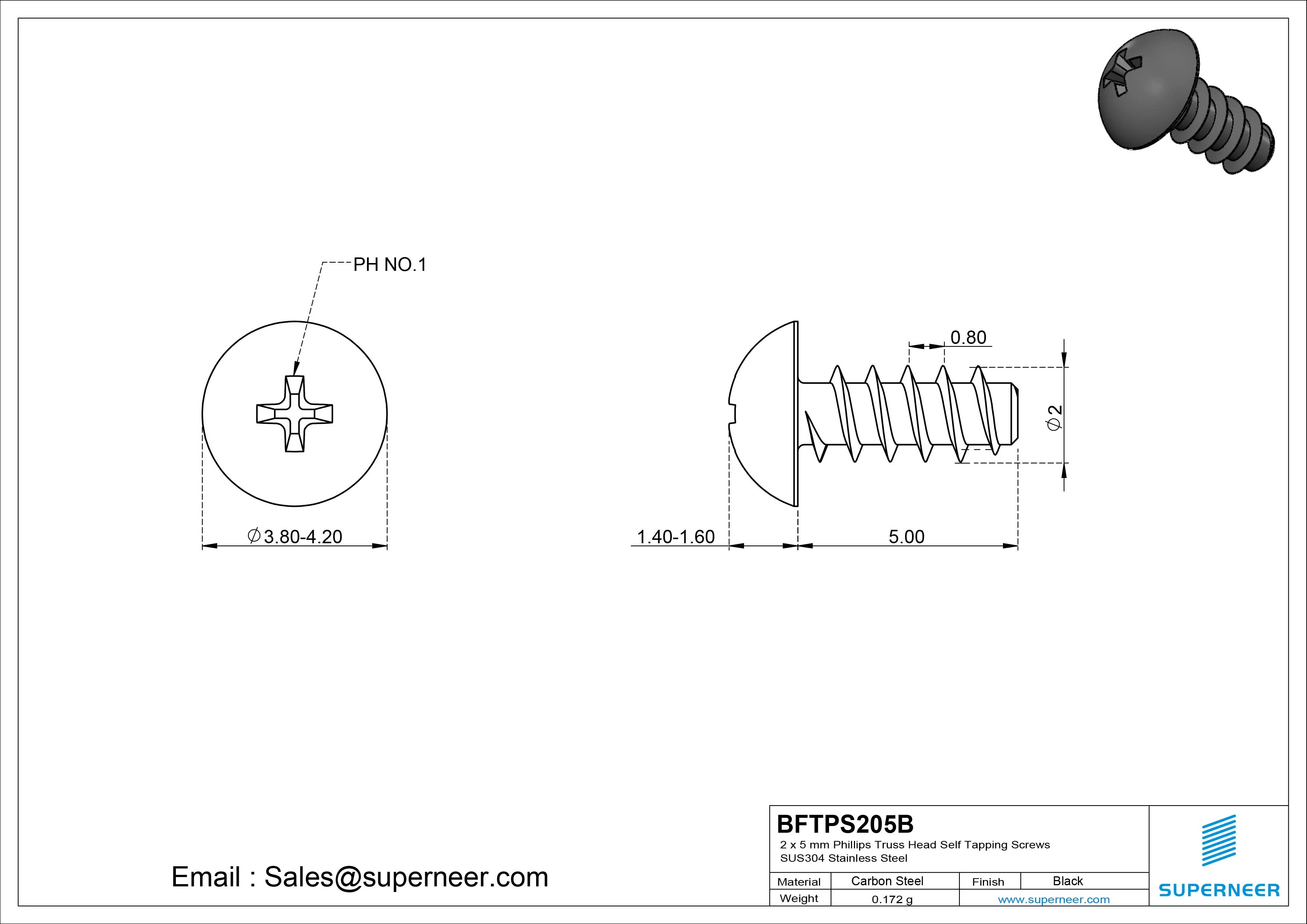 2 x 5mm Phillips Truss Head Self Tapping Screws Steel Black Zinc Plated