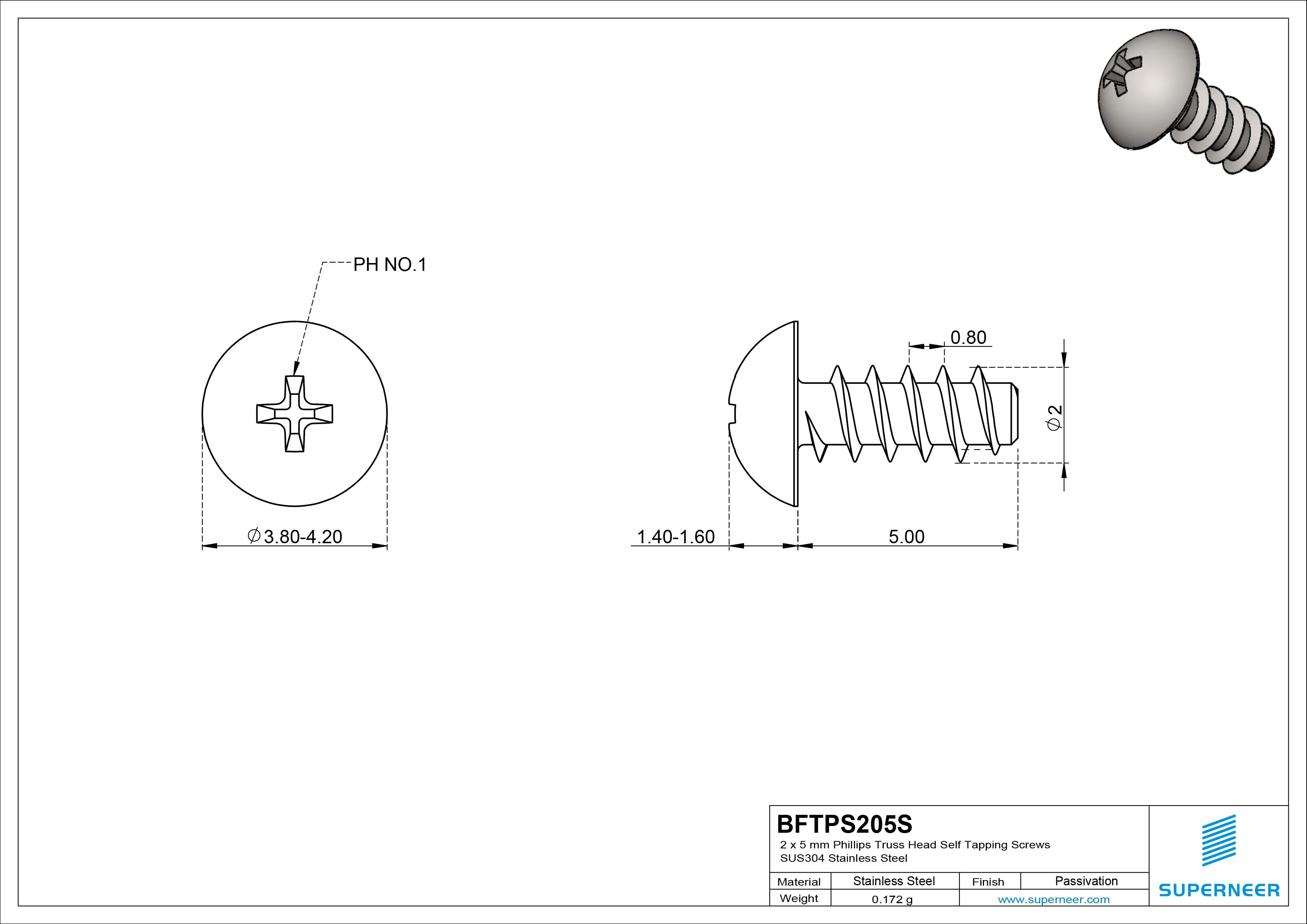 2 x 5mm Phillips Truss Head Self Tapping Screws SUS304 Stainless Steel