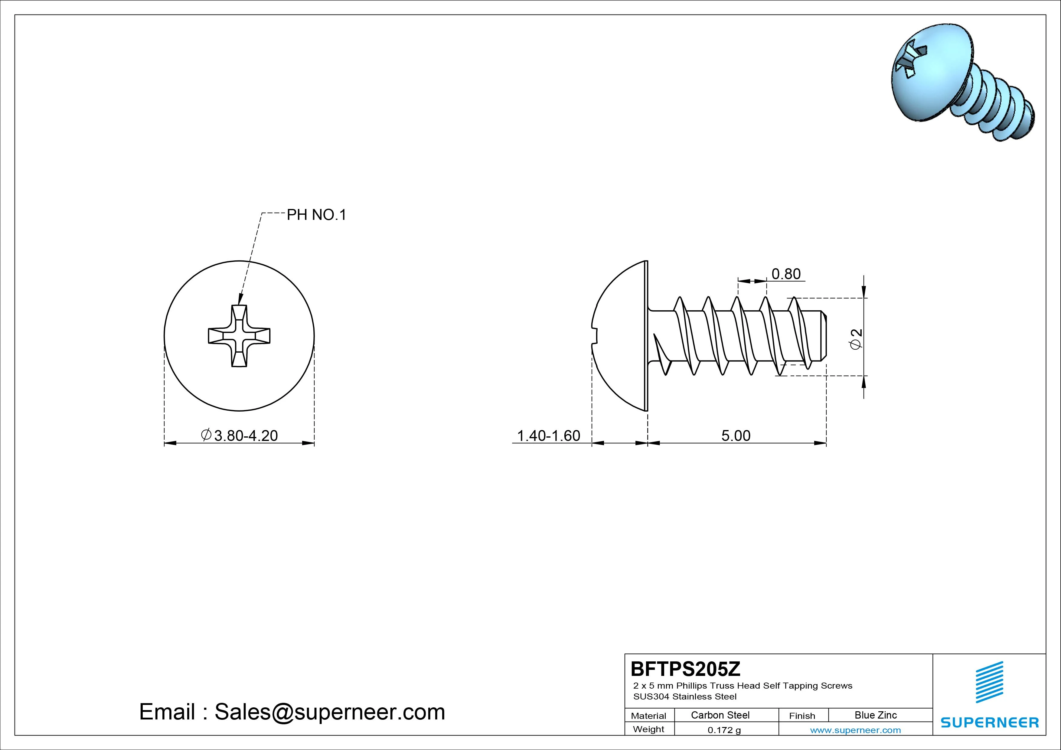 2 x 5mm Phillips Truss Head Self Tapping Screws Steel Blue Zinc Plated