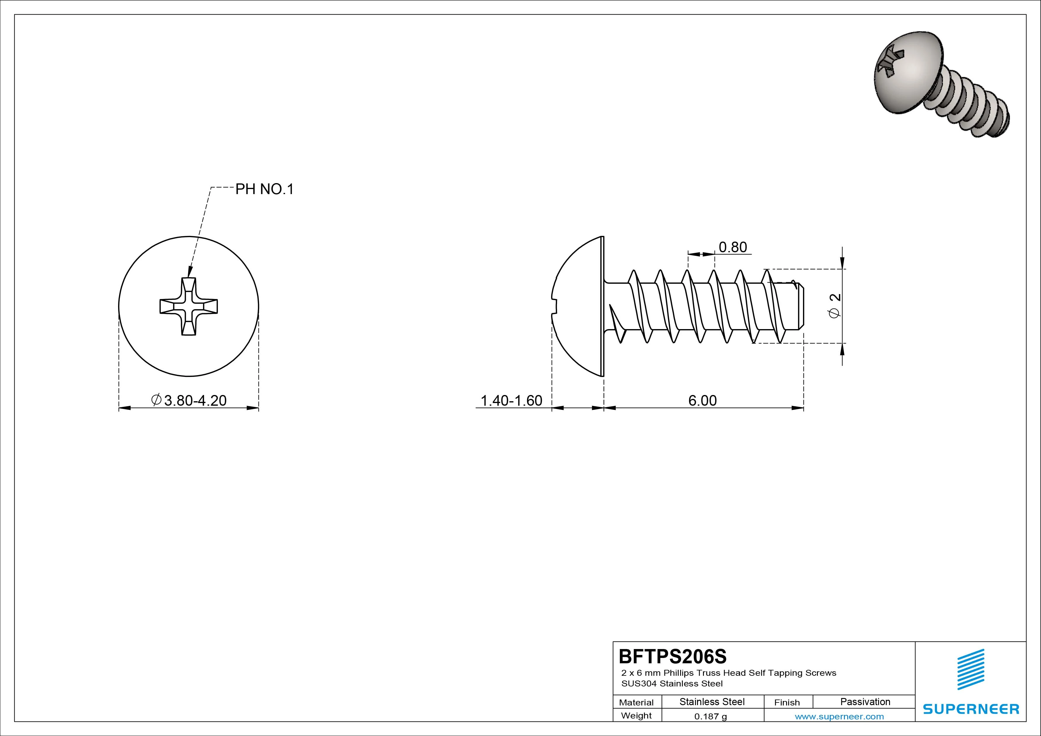 2 x 6mm Phillips Truss Head Self Tapping Screws SUS304 Stainless Steel