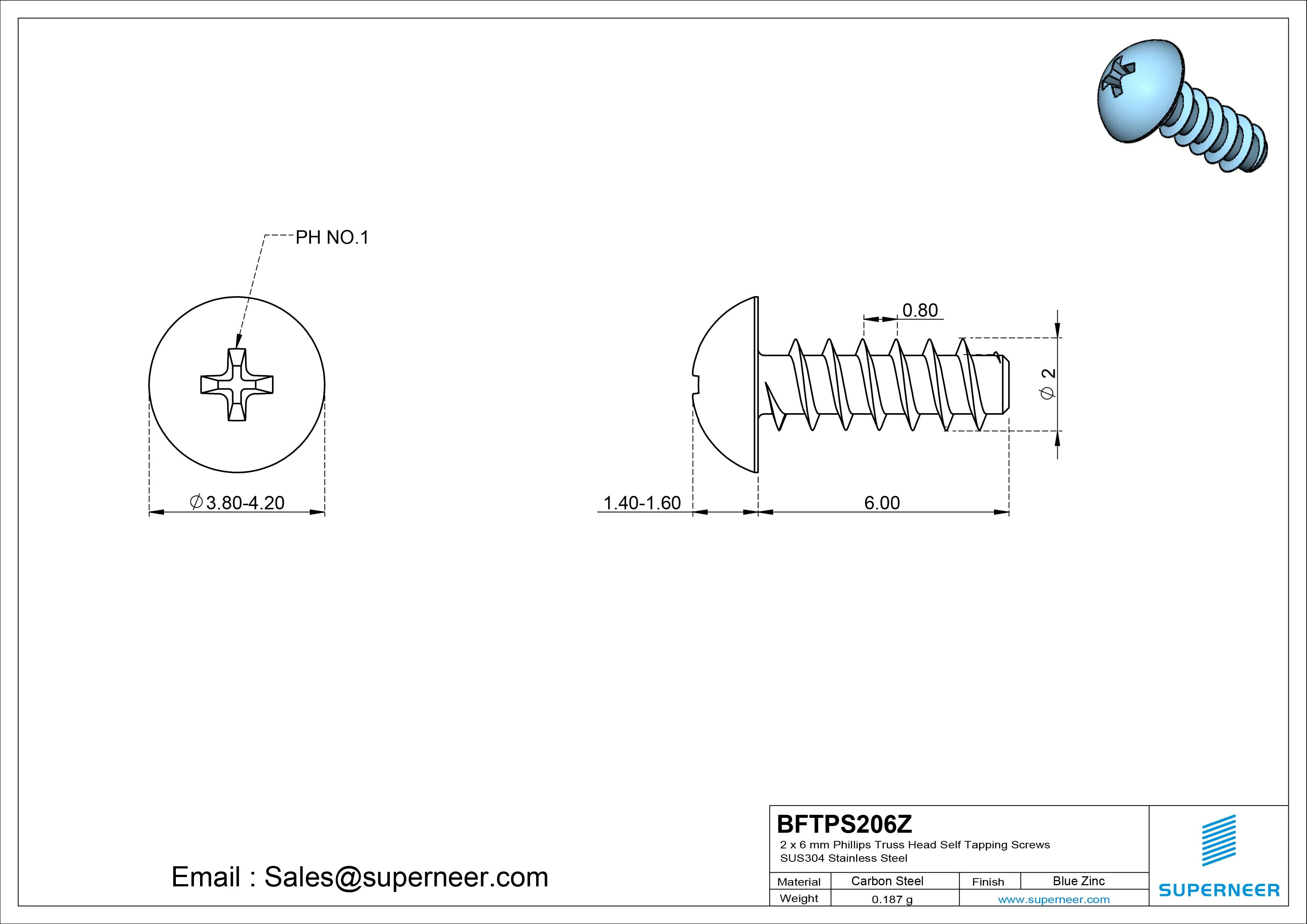 2 x 6mm Phillips Truss Head Self Tapping Screws Steel Blue Zinc Plated