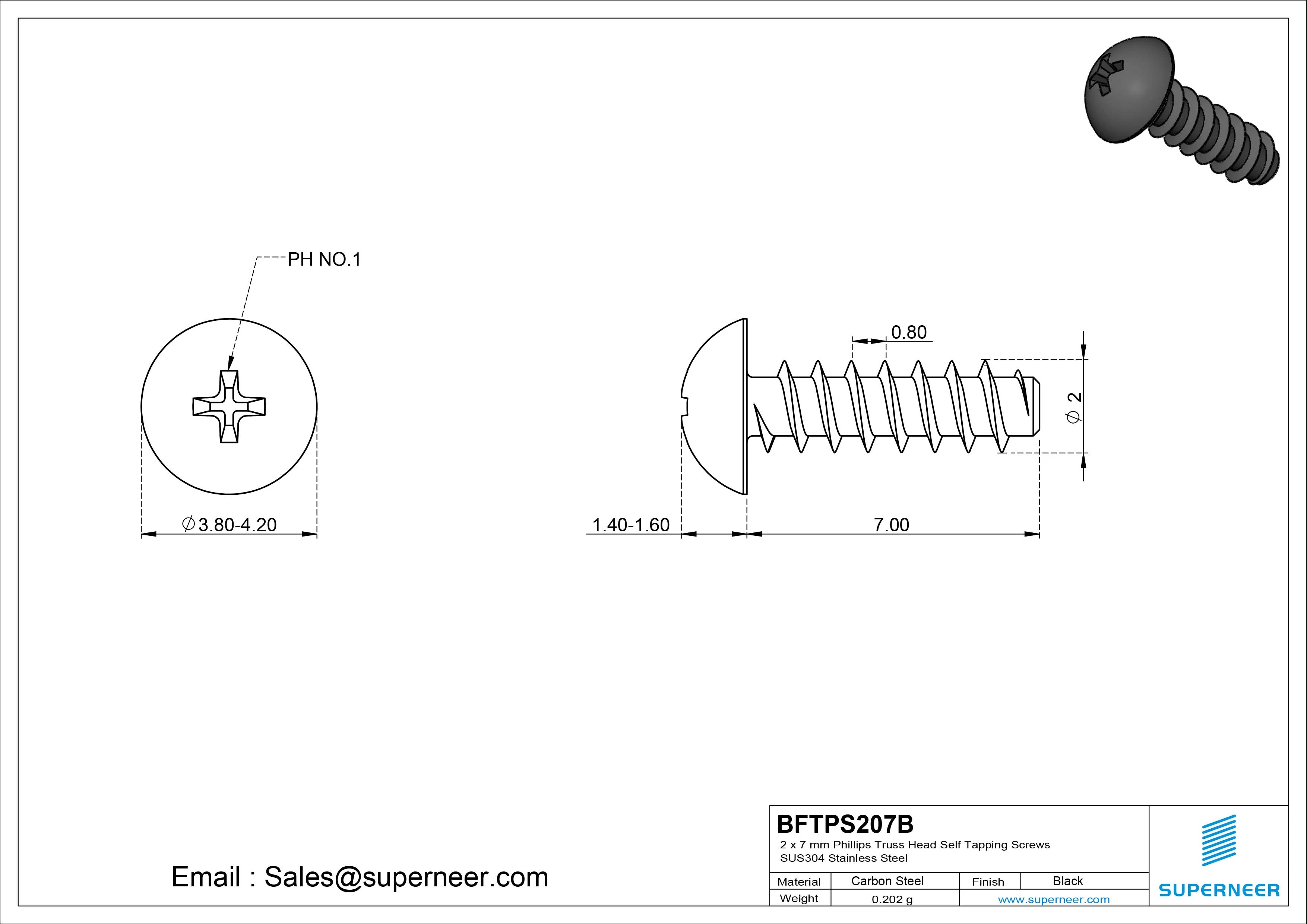 2 x 7mm Phillips Truss Head Self Tapping Screws Steel Black Zinc Plated