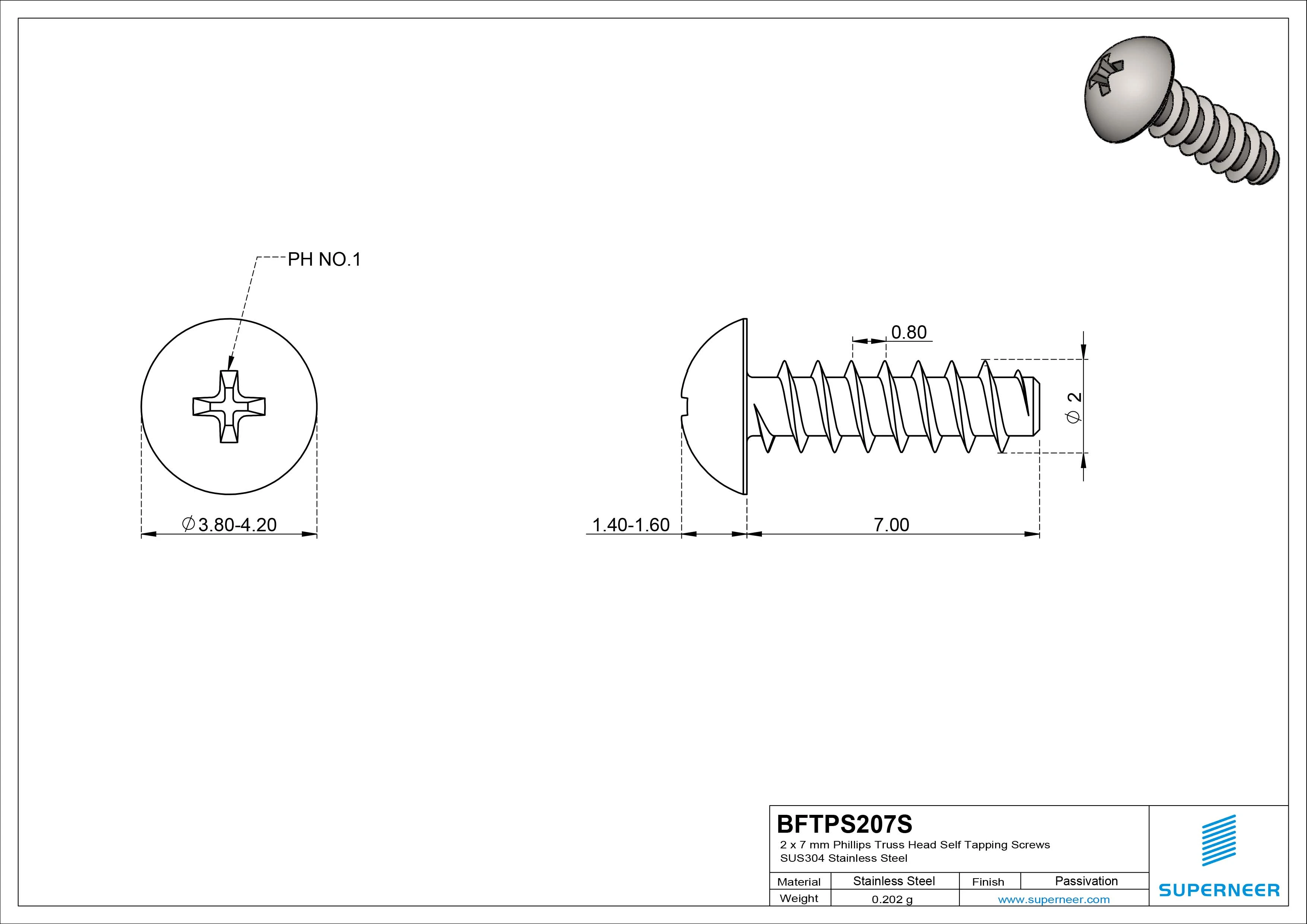 2 x 7mm Phillips Truss Head Self Tapping Screws SUS304 Stainless Steel