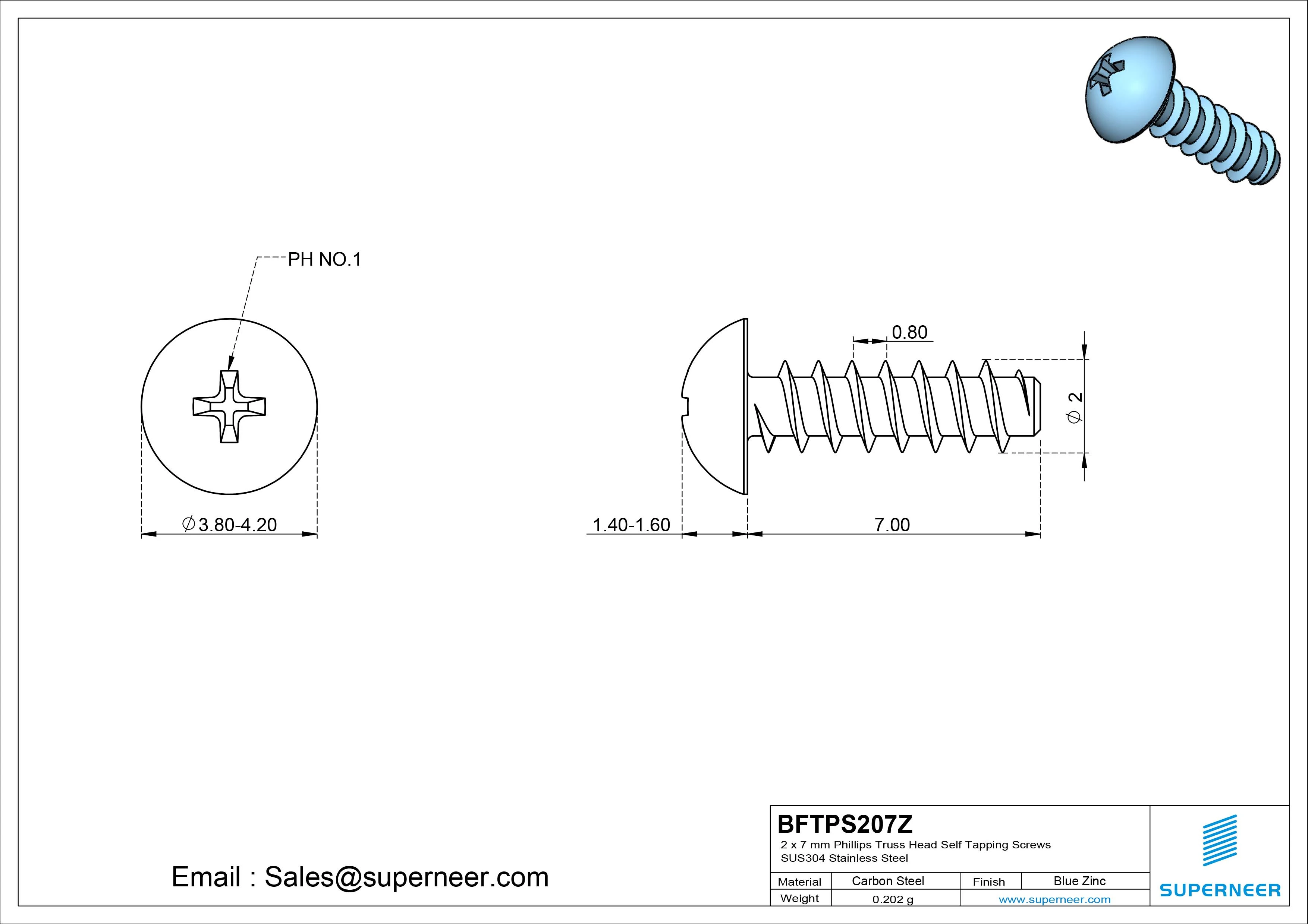 2 x 7mm Phillips Truss Head Self Tapping Screws Steel Blue Zinc Plated