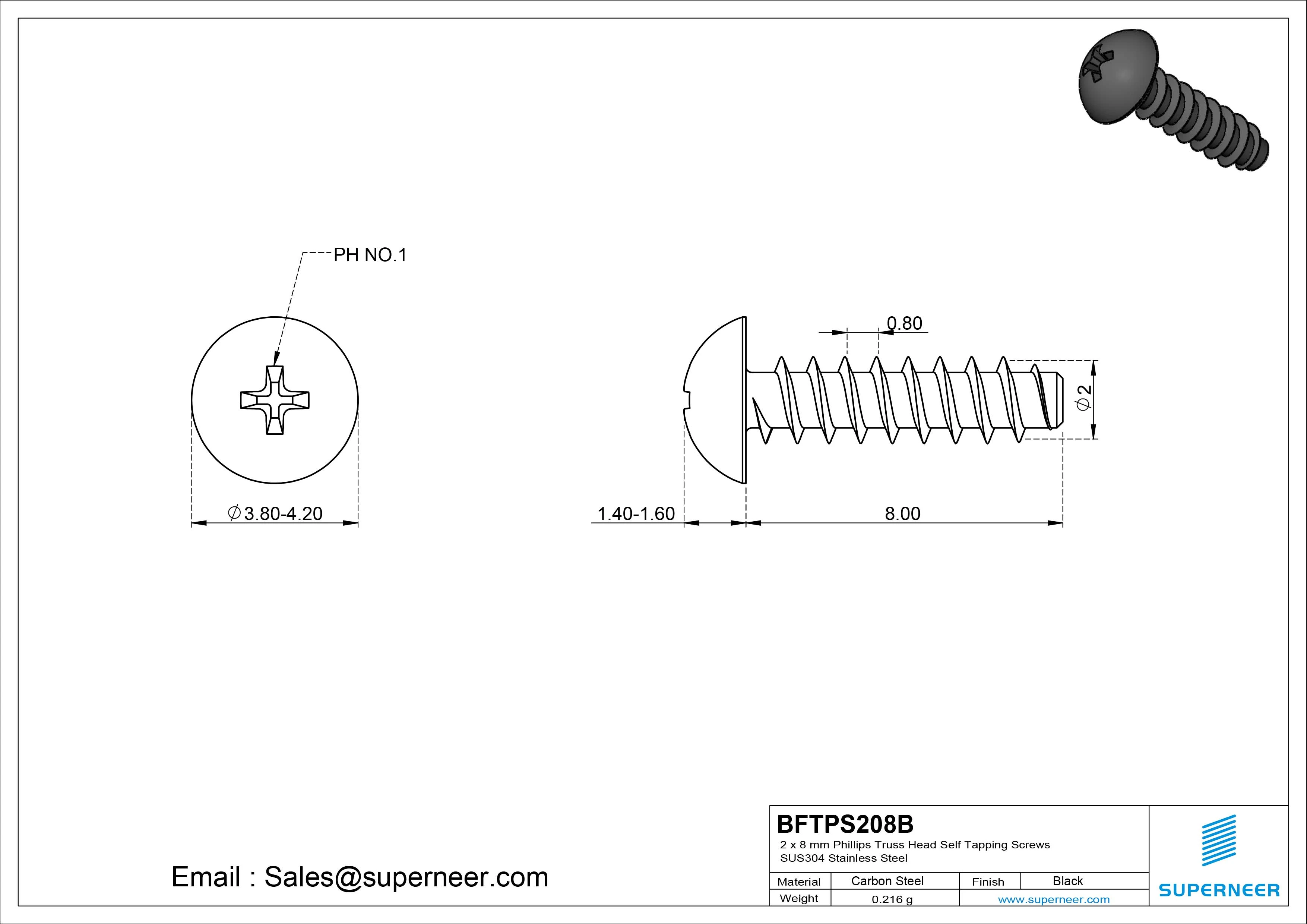 2 x 8mm Phillips Truss Head Self Tapping Screws Steel Black Zinc Plated