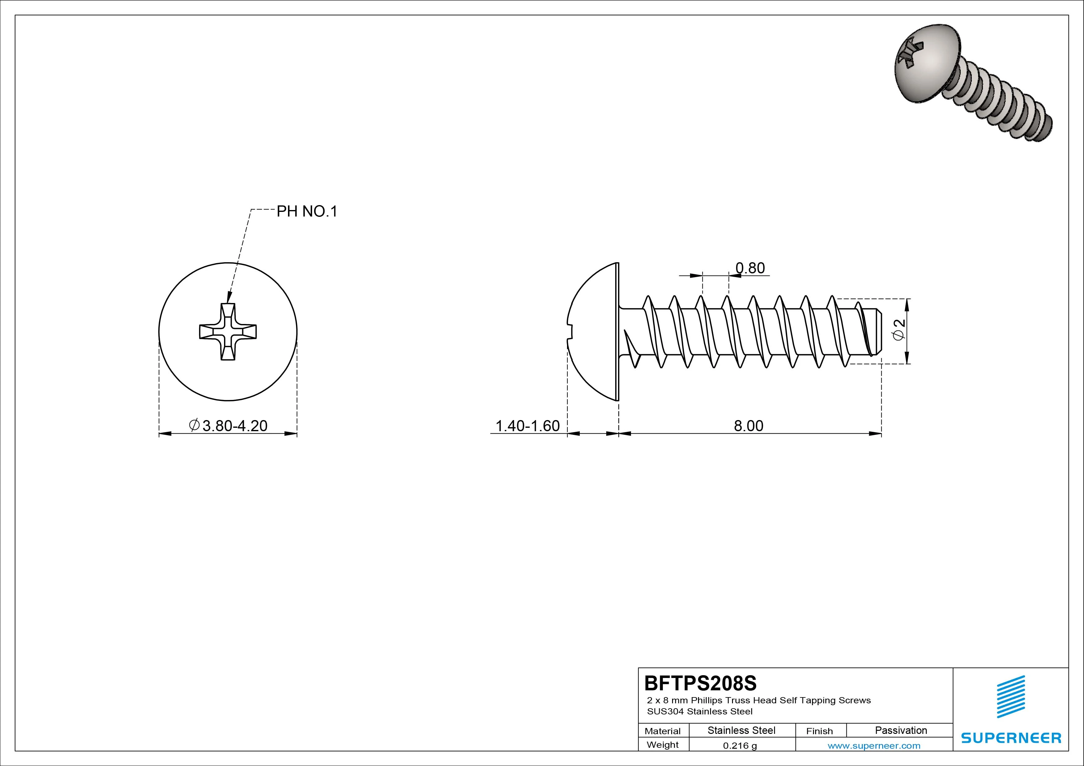 2 x 8mm Phillips Truss Head Self Tapping Screws SUS304 Stainless Steel