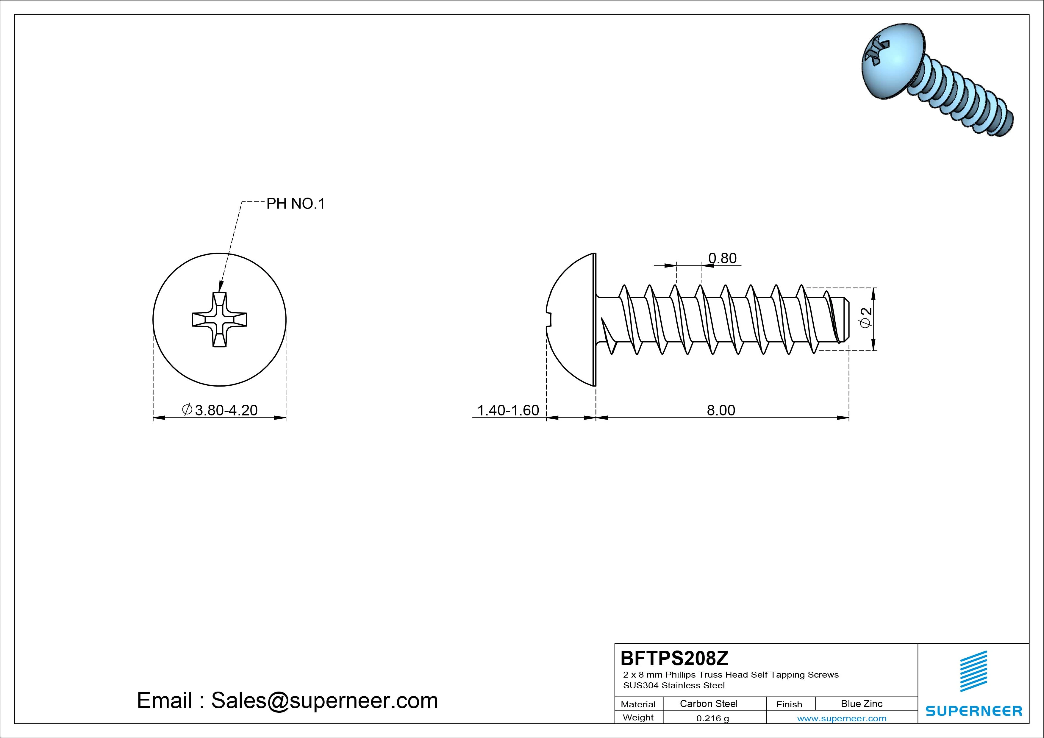 2 x 8mm Phillips Truss Head Self Tapping Screws Steel Blue Zinc Plated