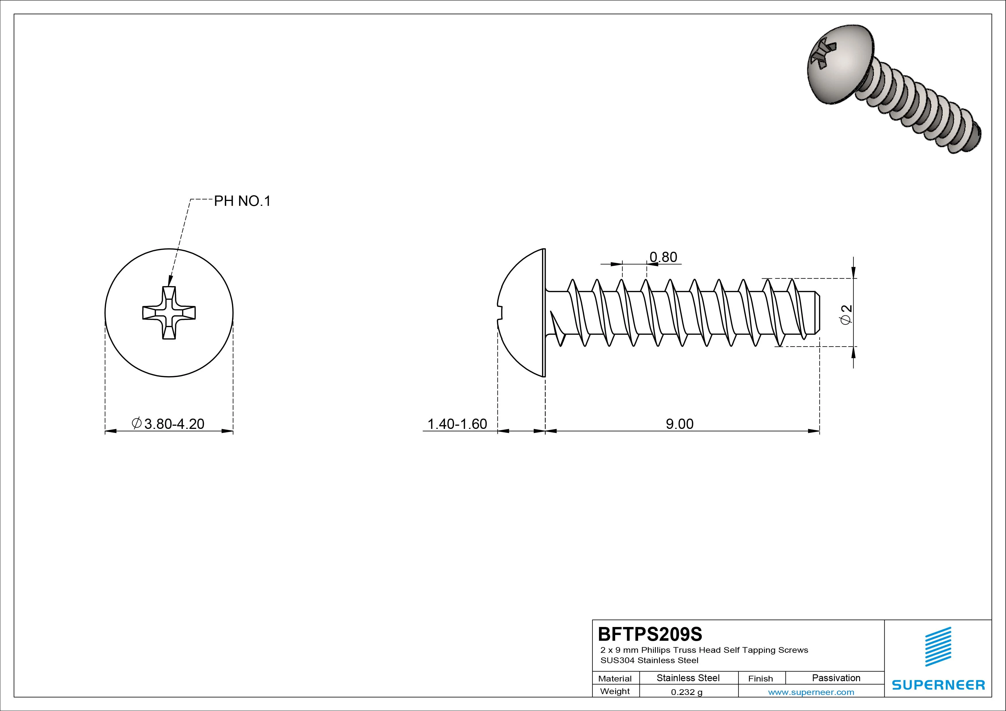 2 x 9mm Phillips Truss Head Self Tapping Screws SUS304 Stainless Steel