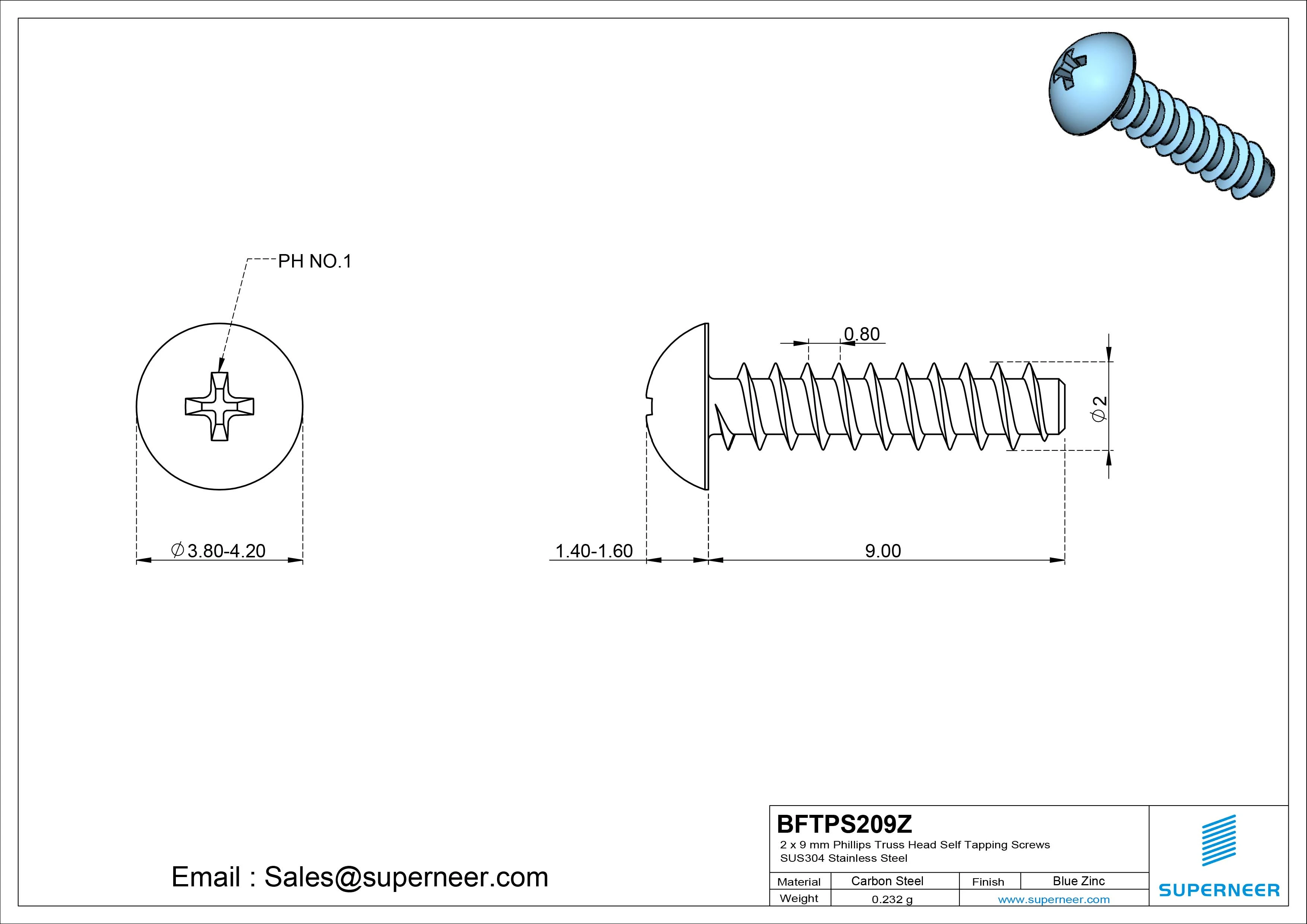 2 x 9mm Phillips Truss Head Self Tapping Screws Steel Blue Zinc Plated