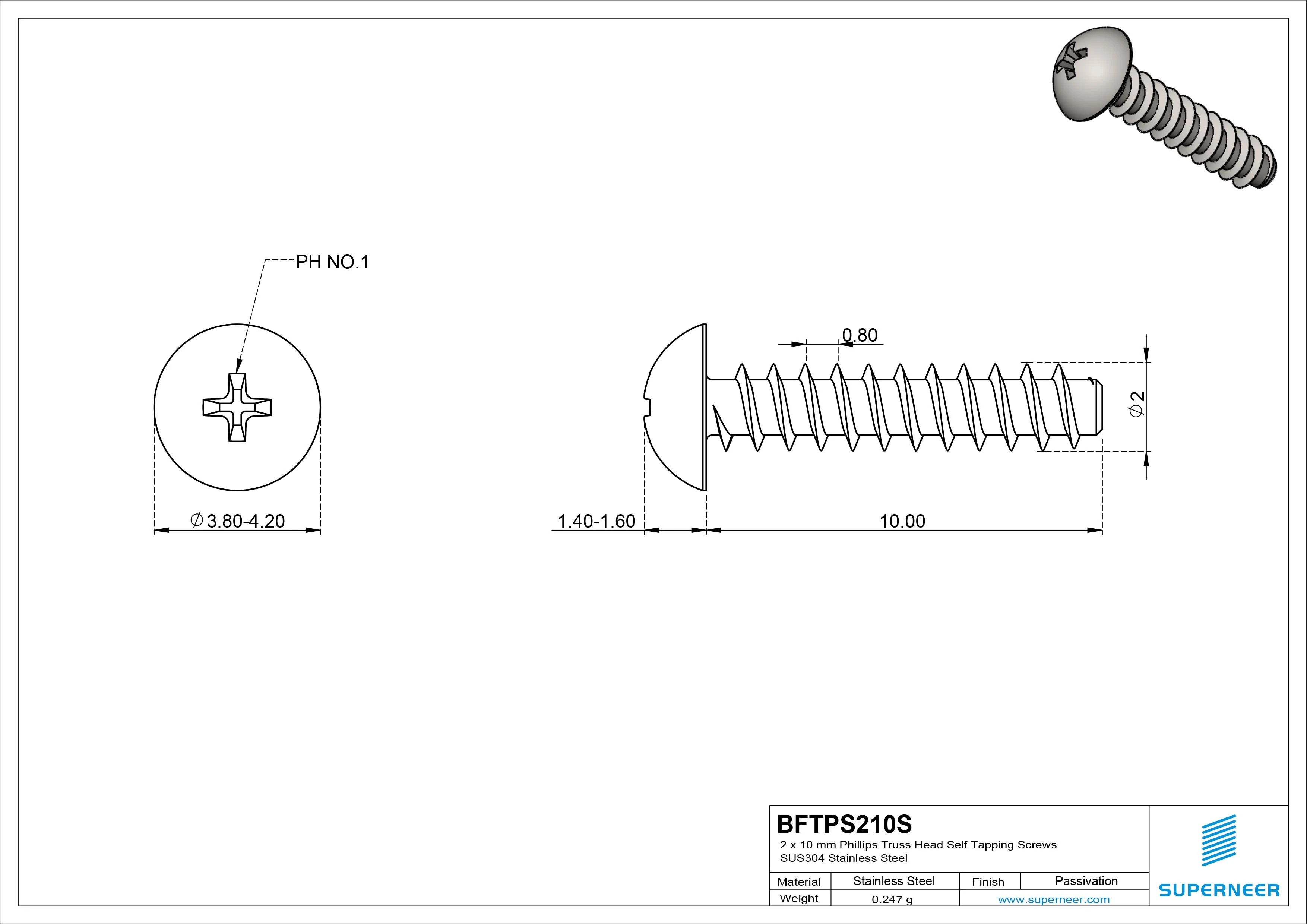 2 x 10mm Phillips Truss Head Self Tapping Screws SUS304 Stainless Steel