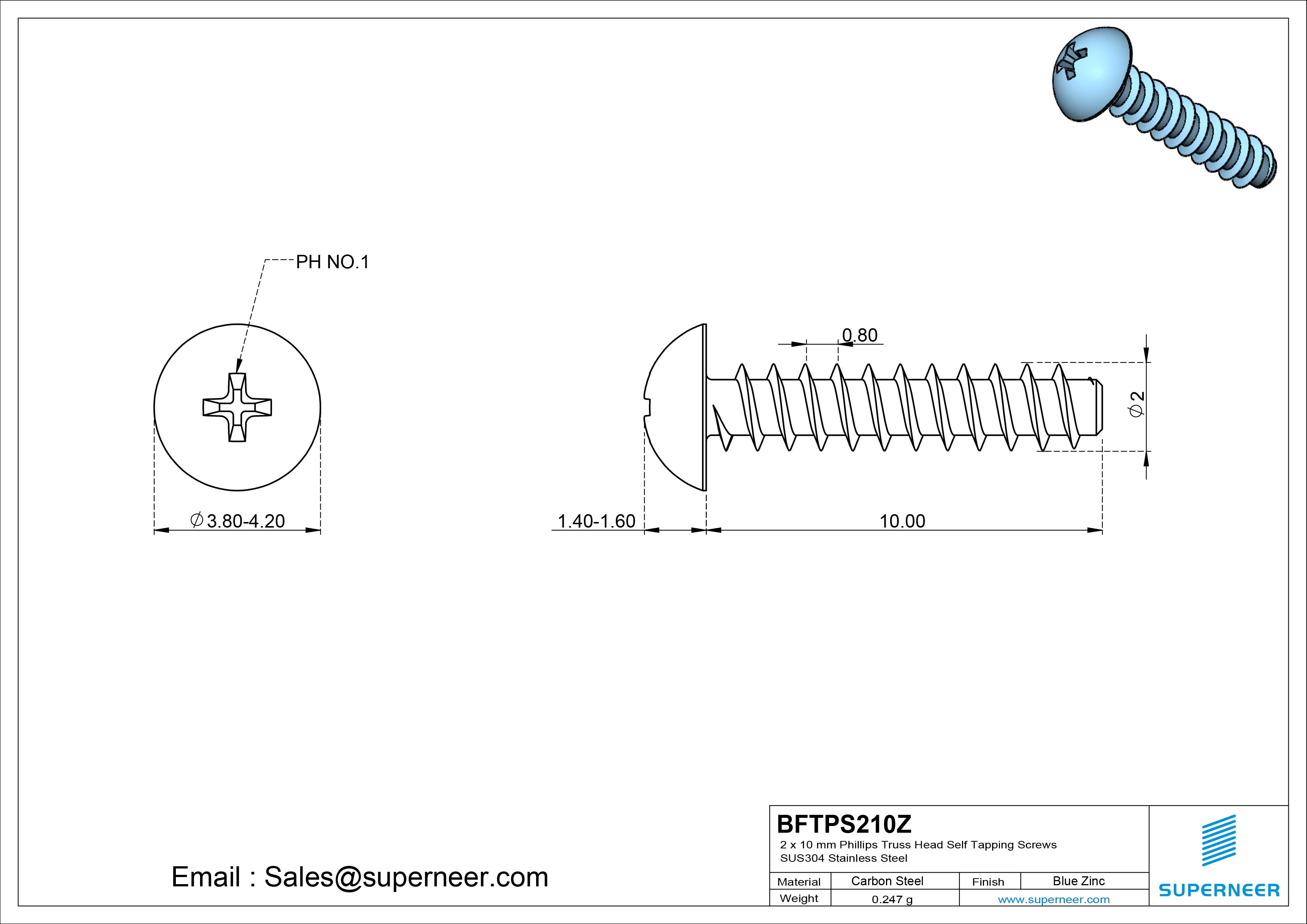 2 x 10mm Phillips Truss Head Self Tapping Screws Steel Blue Zinc Plated