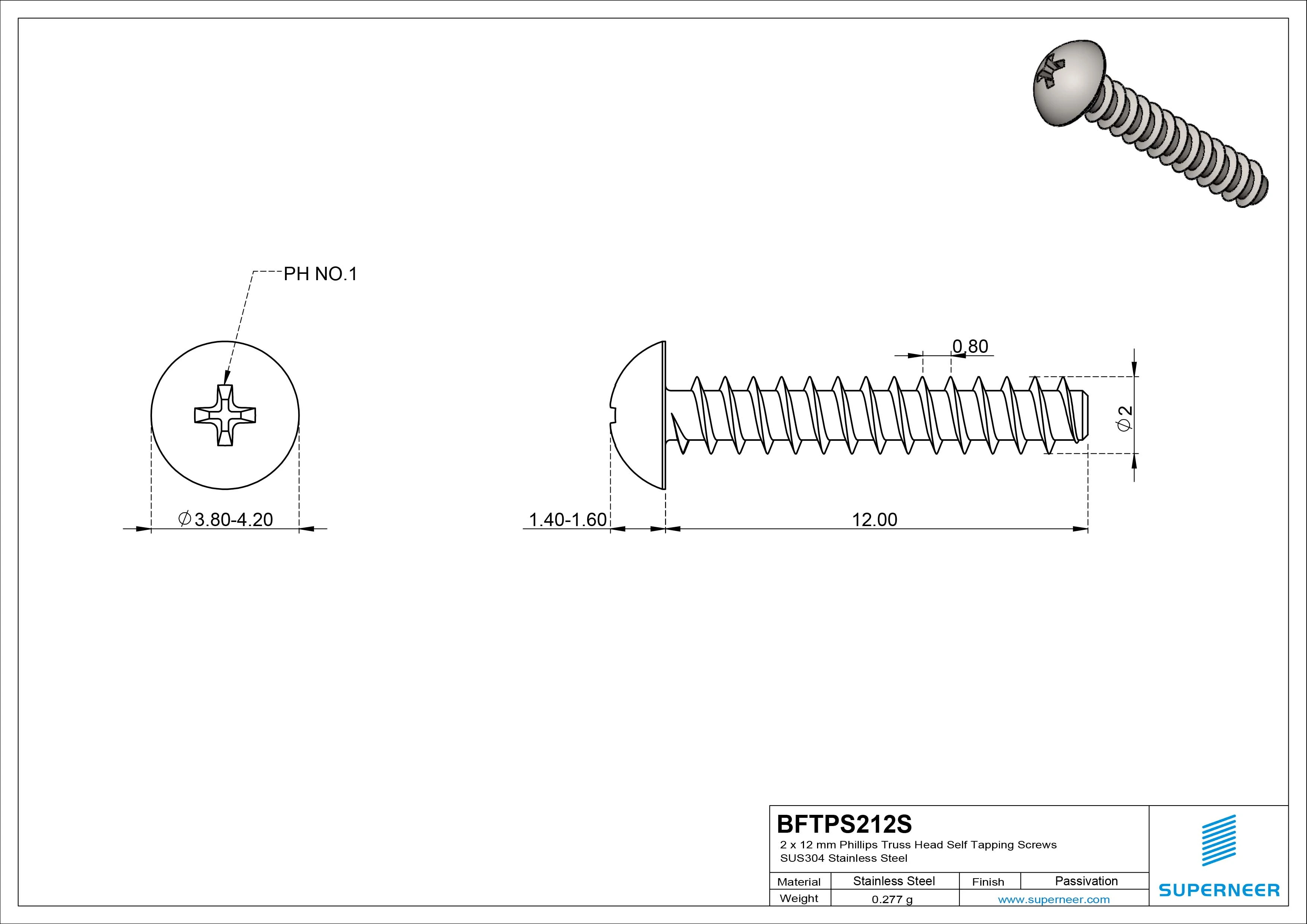 2 x 12mm Phillips Truss Head Self Tapping Screws SUS304 Stainless Steel