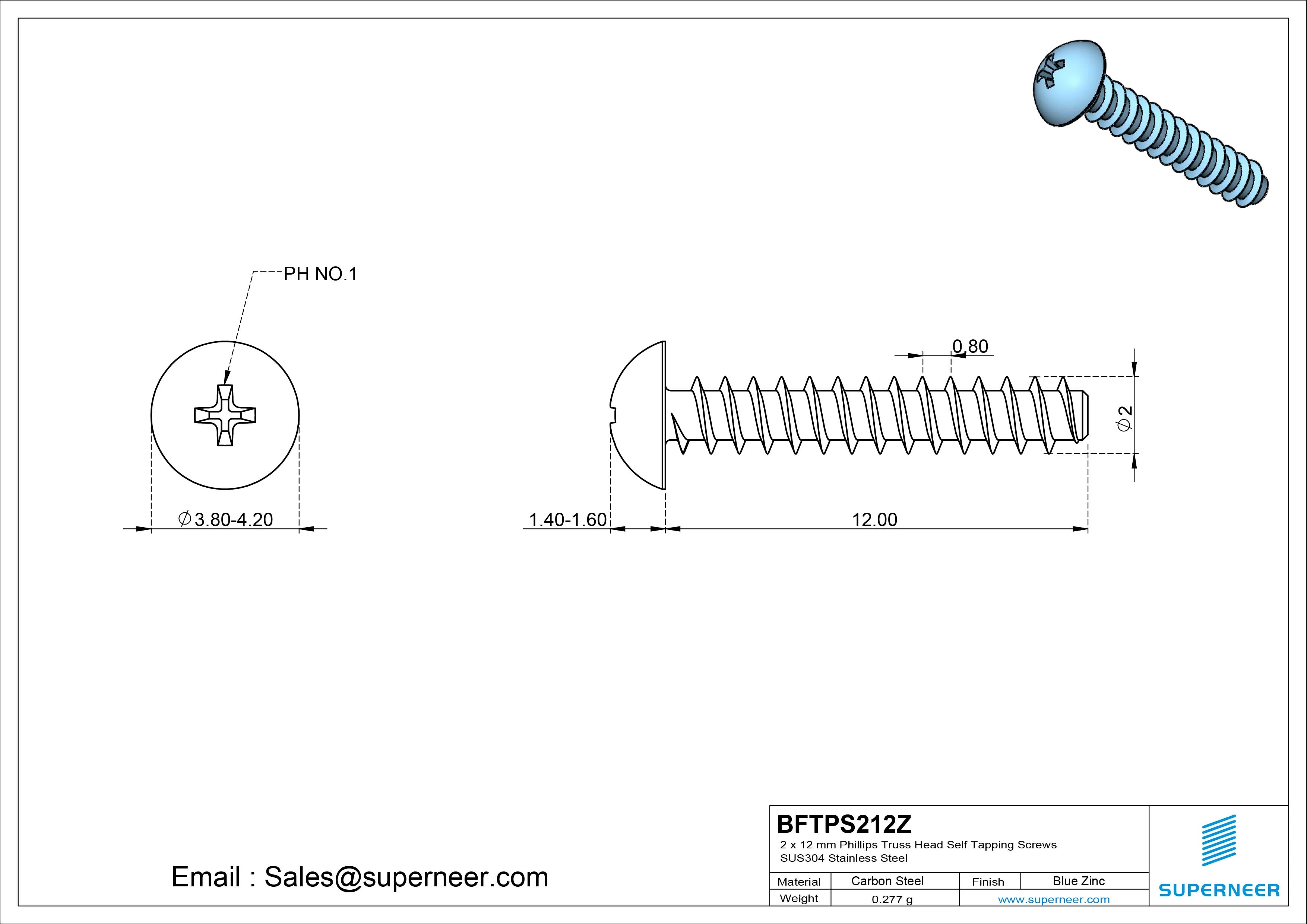 2 x 12mm Phillips Truss Head Self Tapping Screws Steel Blue Zinc Plated