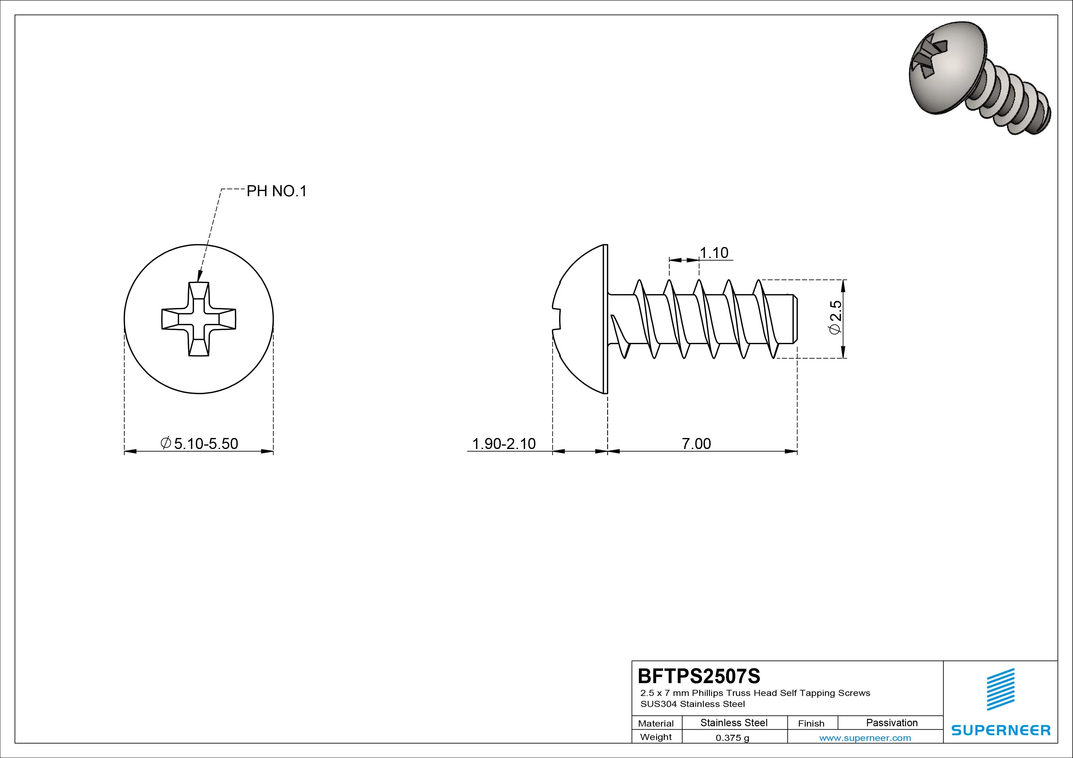 2.5 x 7mm Phillips Truss Head Self Tapping Screws SUS304 Stainless Steel