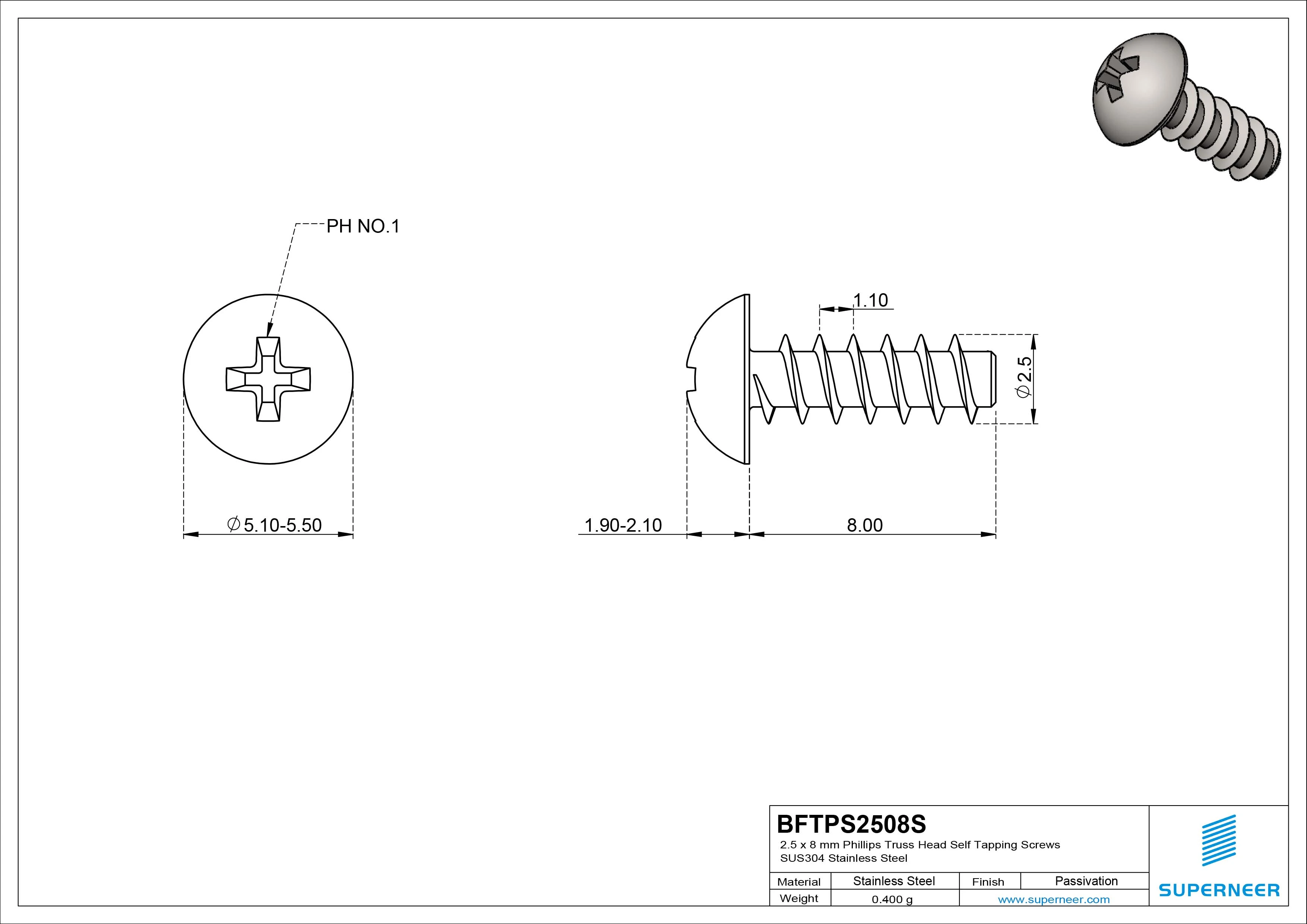 2.5 x 8mm Phillips Truss Head Self Tapping Screws SUS304 Stainless Steel