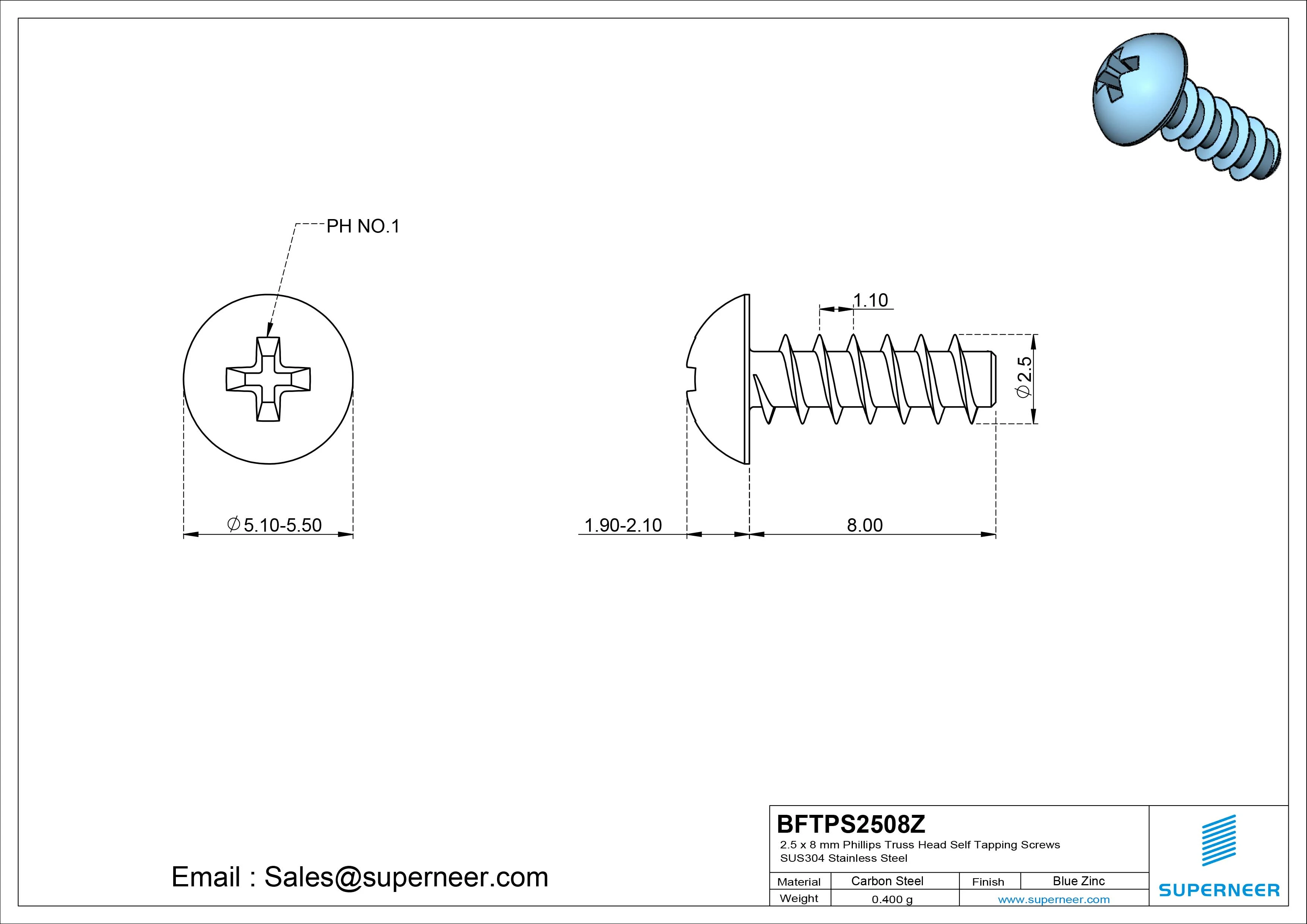 2.5 x 8mm Phillips Truss Head Self Tapping Screws Steel Blue Zinc Plated