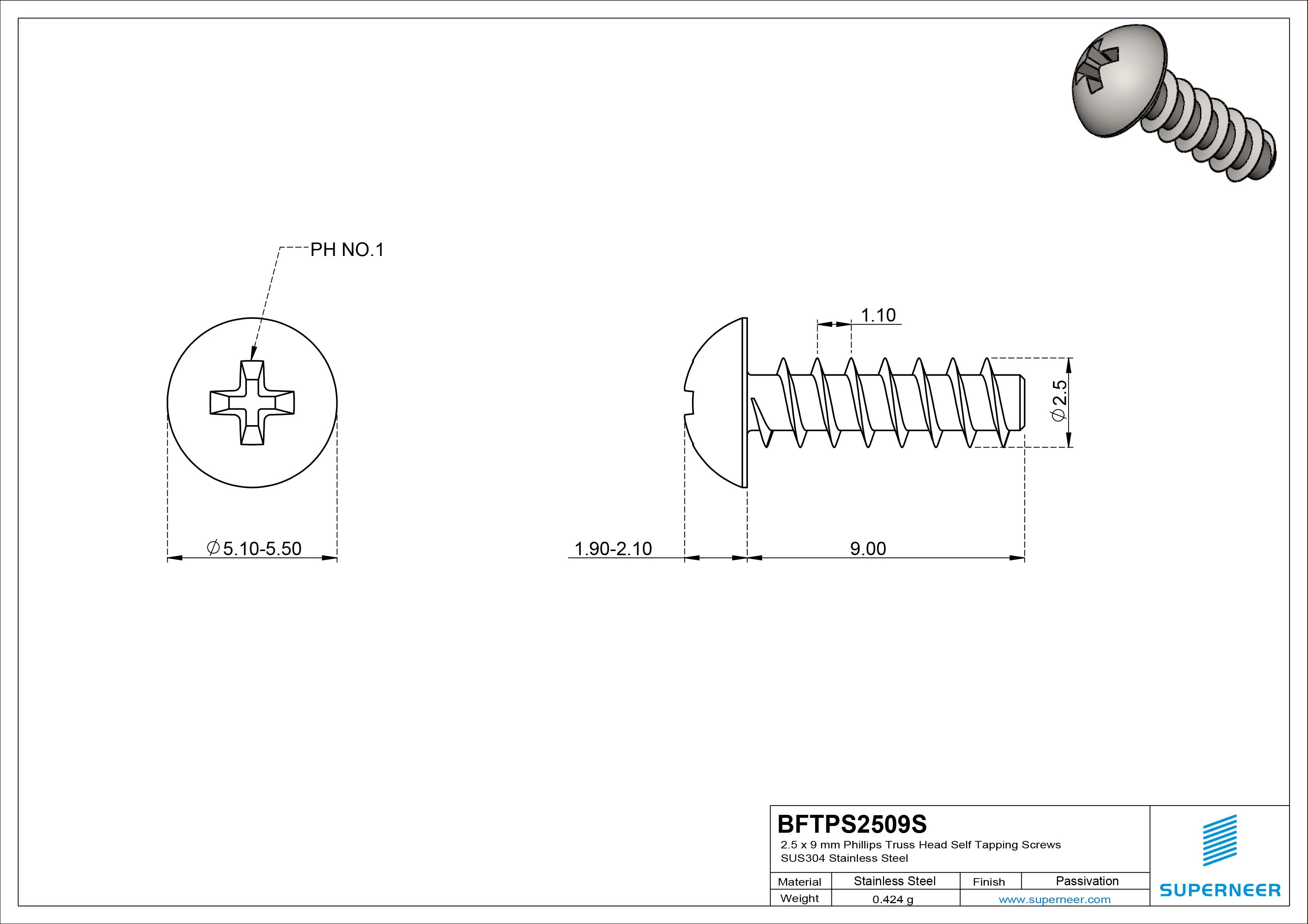 2.5 x 9mm Phillips Truss Head Self Tapping Screws SUS304 Stainless Steel