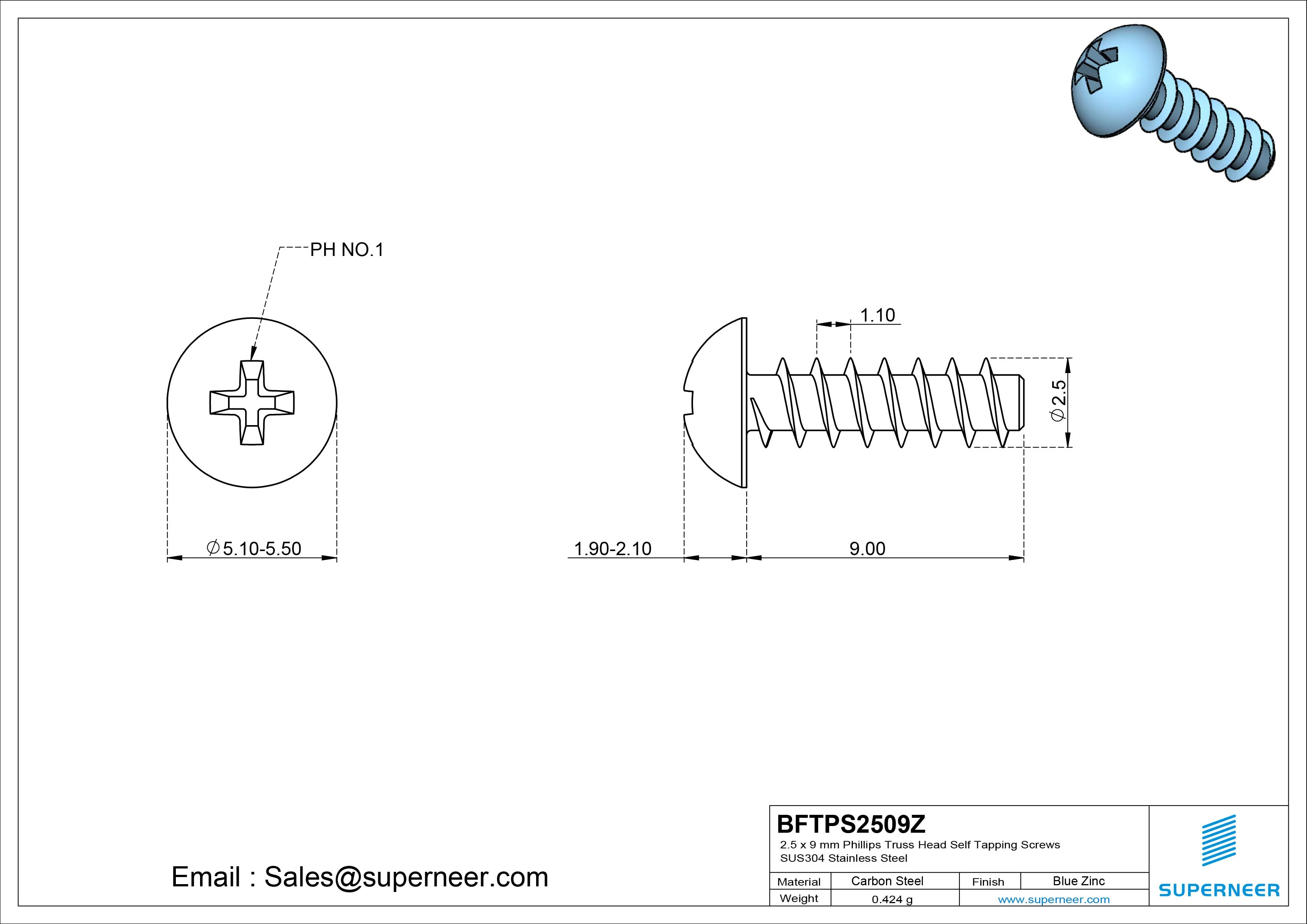 2.5 x 9mm Phillips Truss Head Self Tapping Screws Steel Blue Zinc Plated